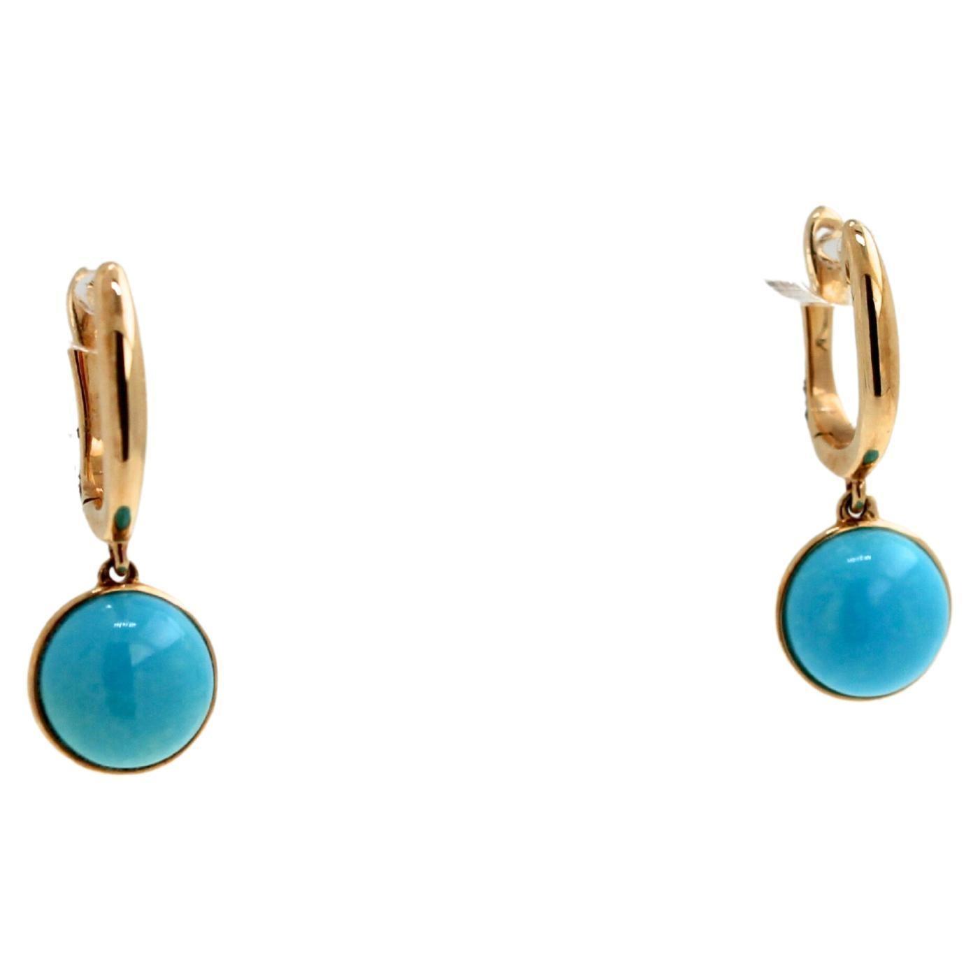 Blue Turquoise Round Cabochon Yellow Gold Huggie Drop Statement Dainty Earrings