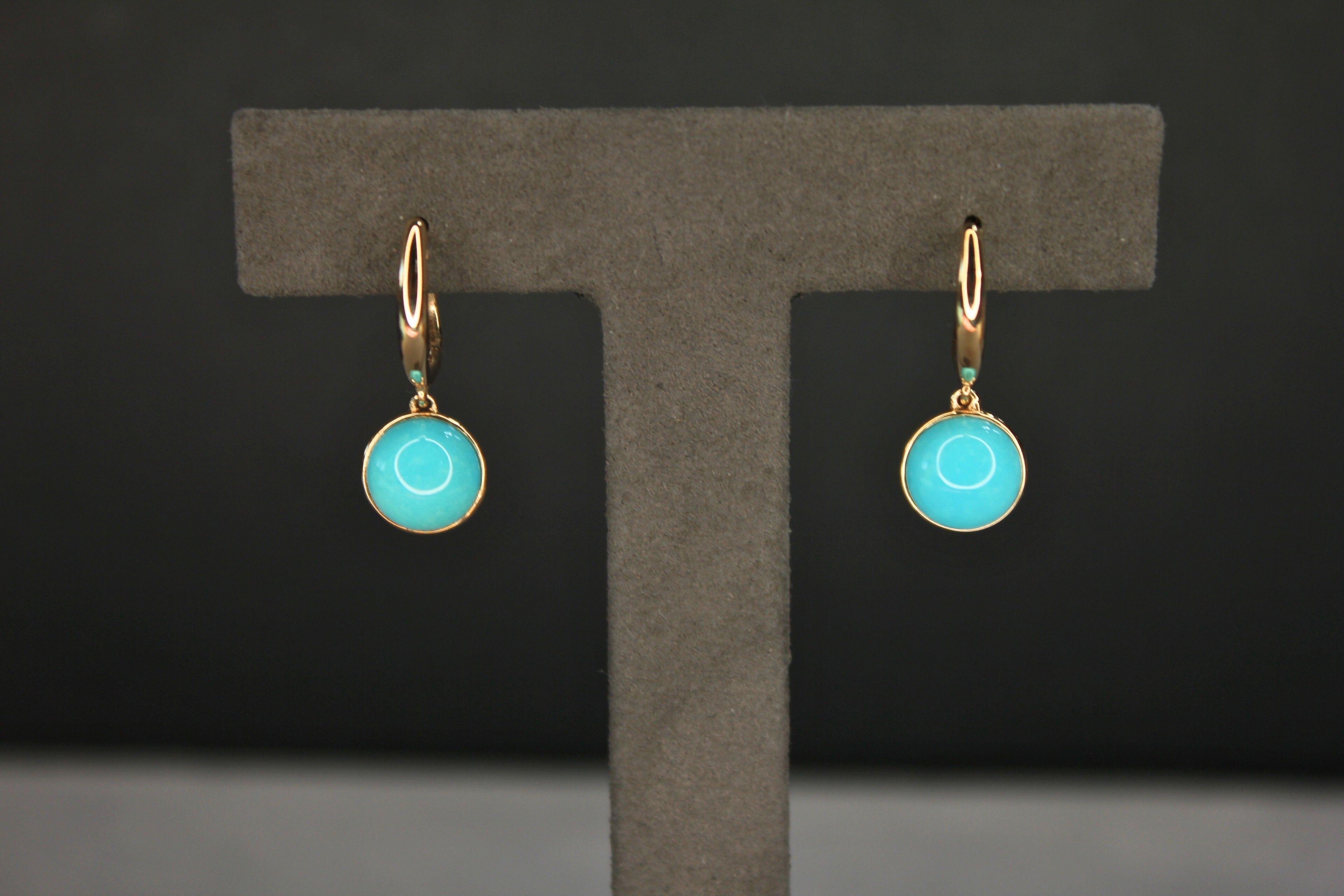 Blue Turquoise Round Cabochon Yellow Gold Huggie Drop Statement Dainty Earrings