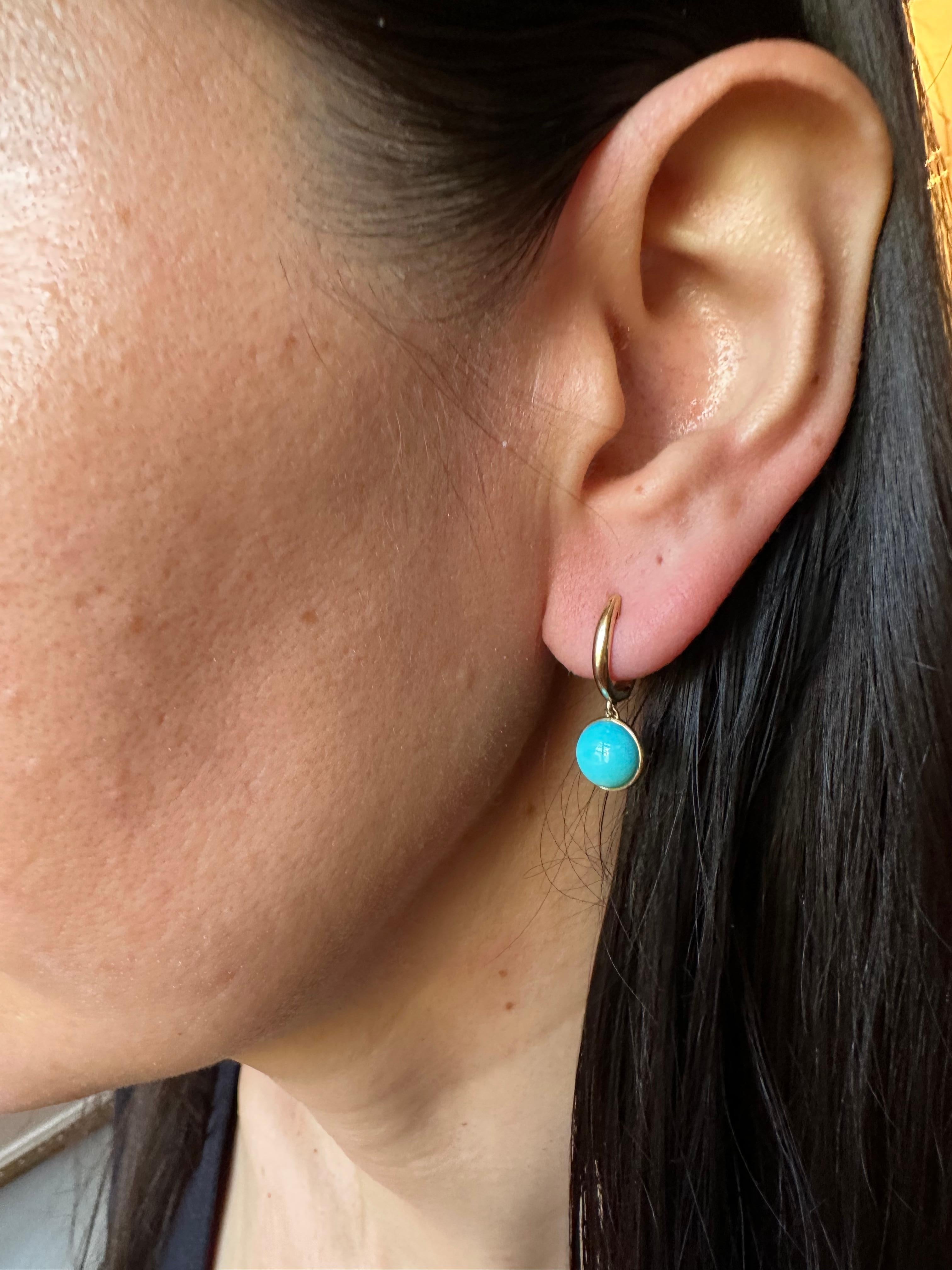 Blue Turquoise Round Cabochon Yellow Gold Huggie Drop Statement Dainty Earrings
