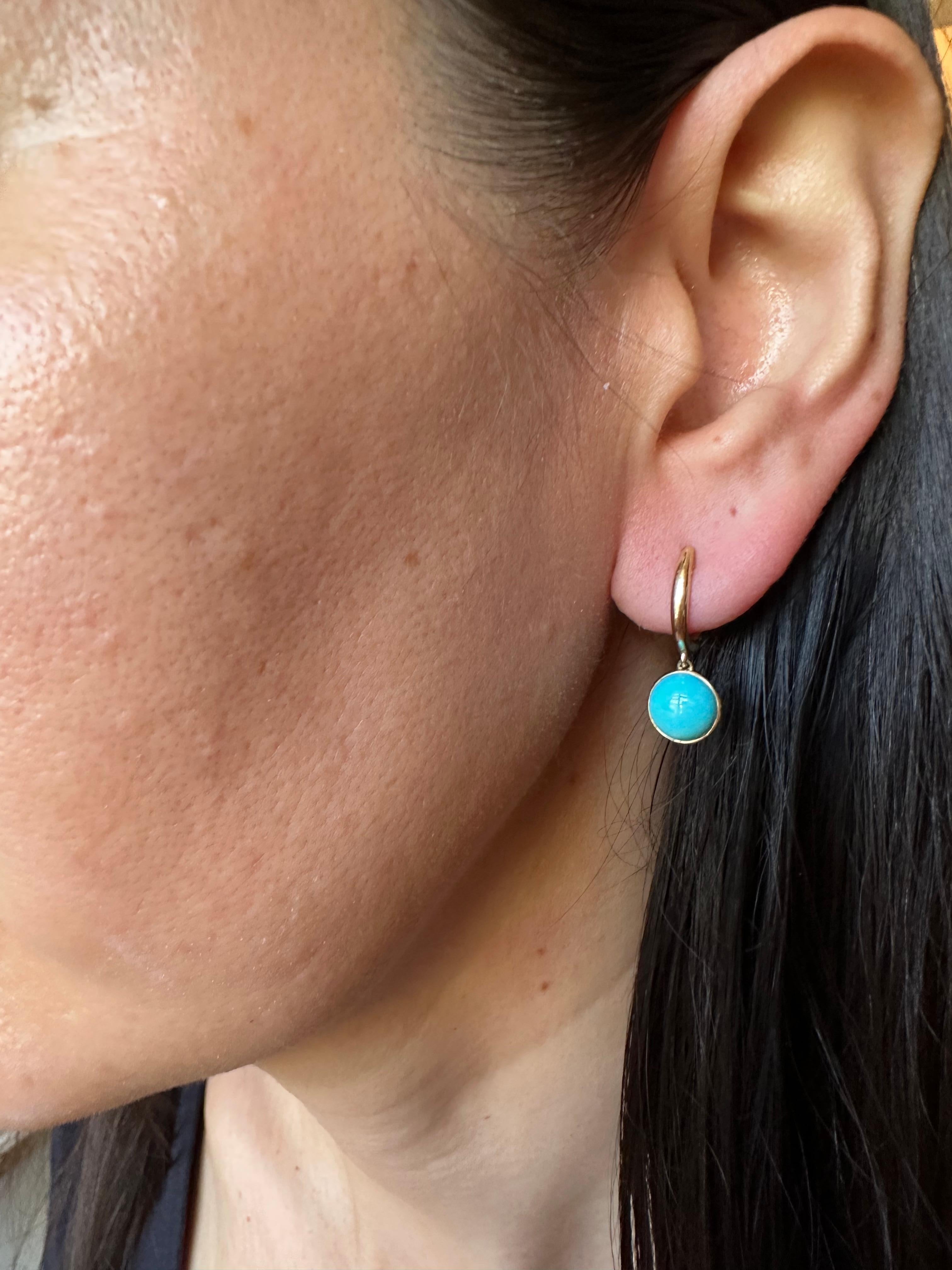 Blue Turquoise Round Cabochon Yellow Gold Huggie Drop Statement Dainty Earrings