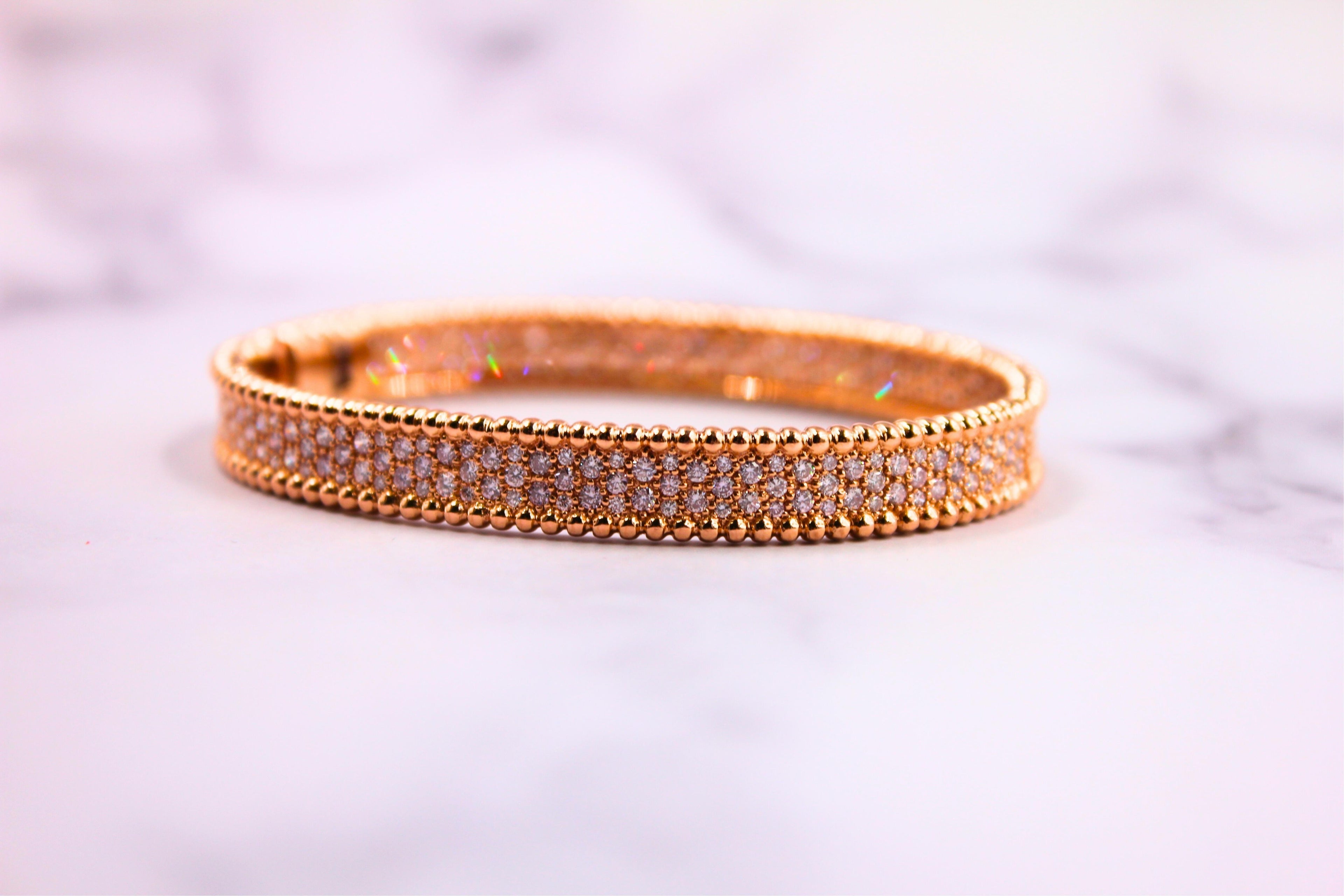 Brilliant Round Diamonds Pave Golden Bead Solid 18k Rose Gold Bangle Bracelet