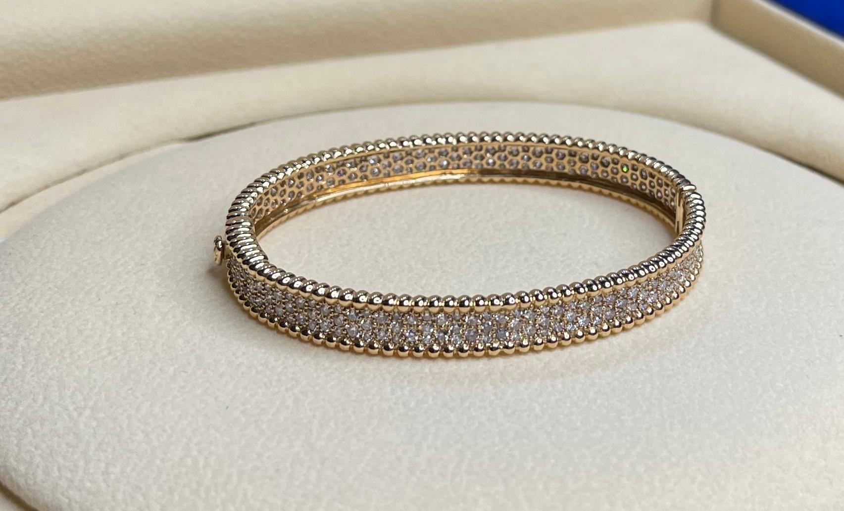 Brilliant Round Diamonds Pave Golden Bead Solid 18k Rose Gold Bangle Bracelet
