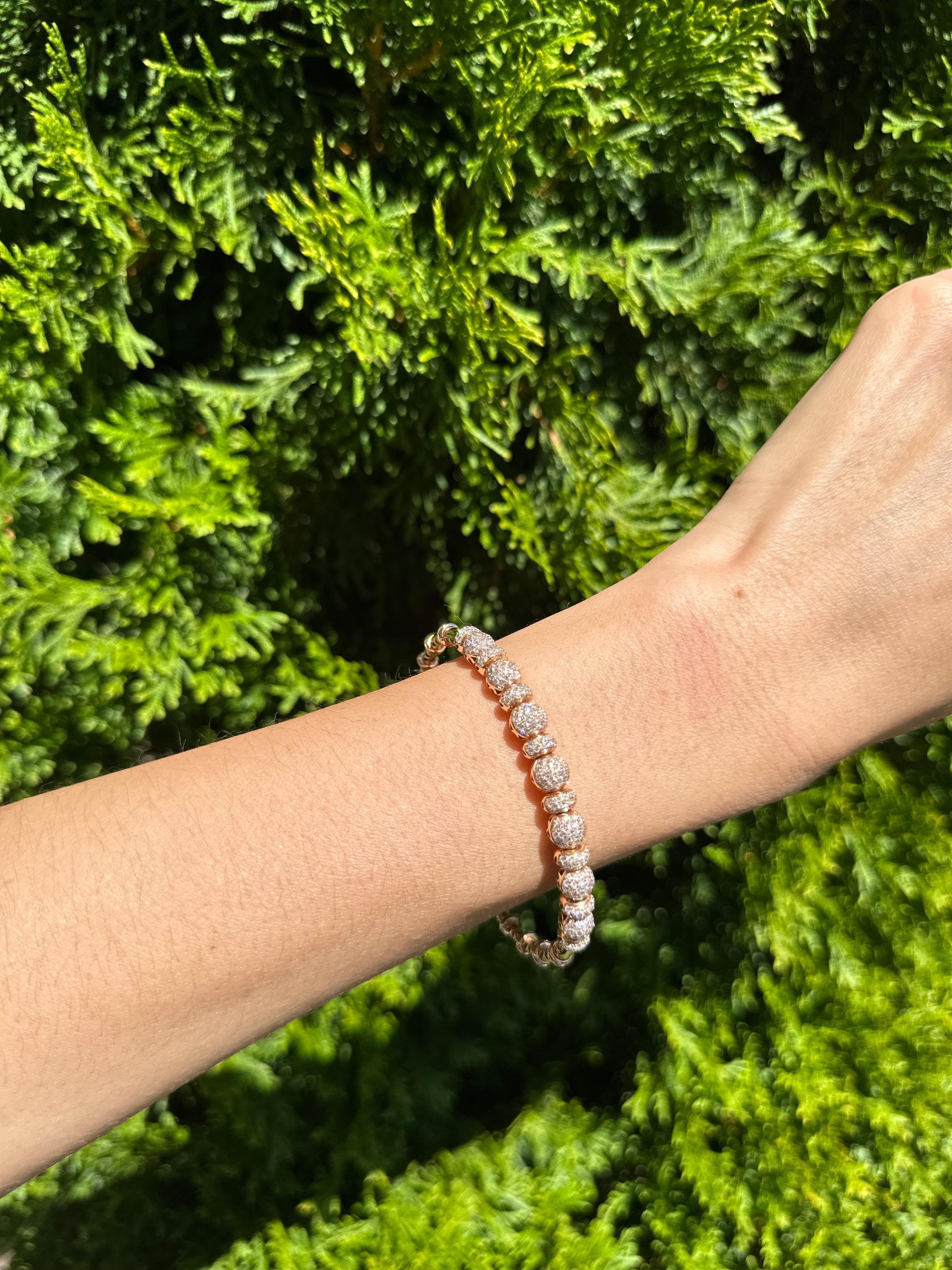 Brilliant Round Diamonds Pave Set Golden Bead 18k Rose Gold Bangle Cuff Bracelet