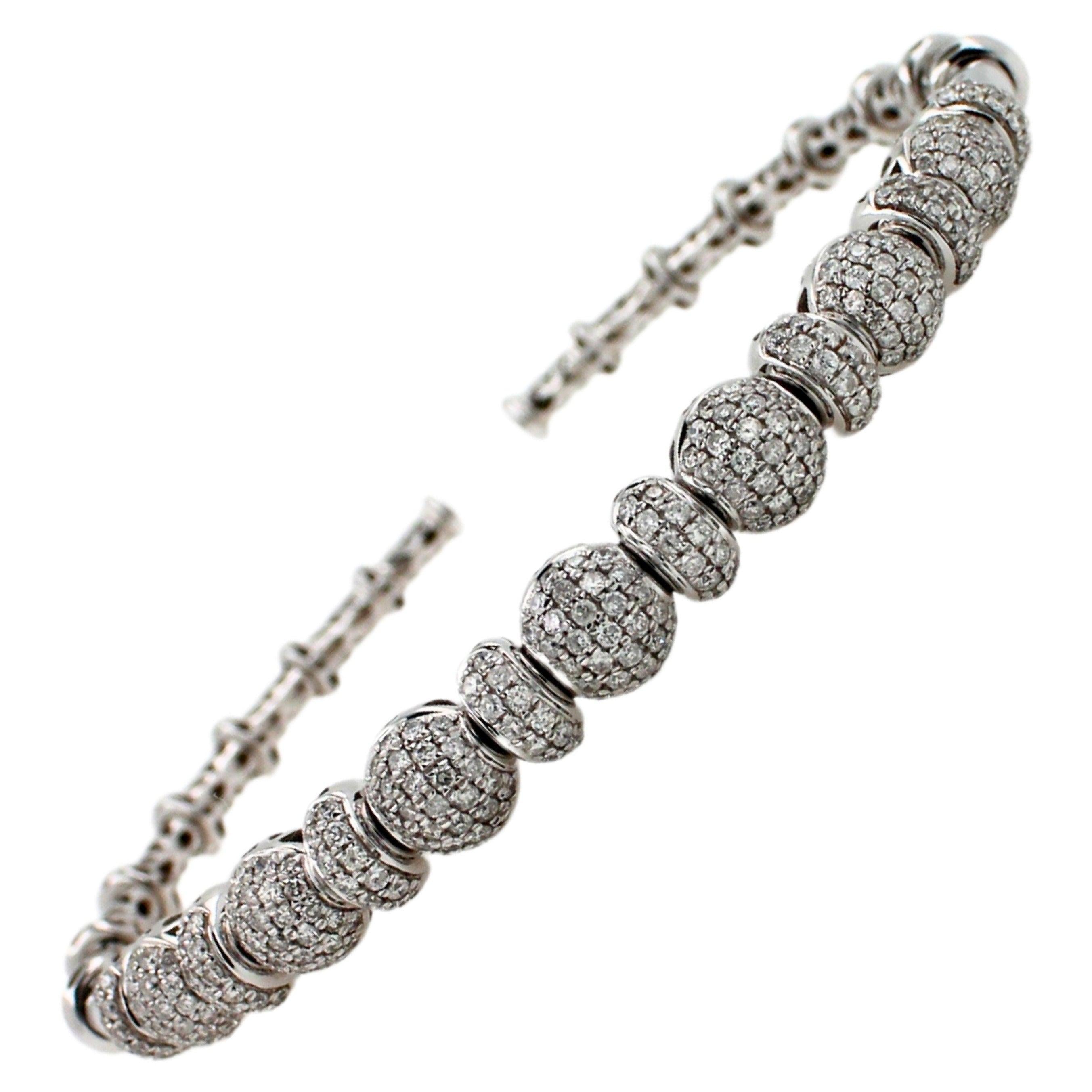 Brilliant Round Diamonds Pave Set Golden Bead White Gold Bangle Cuff Bracelet