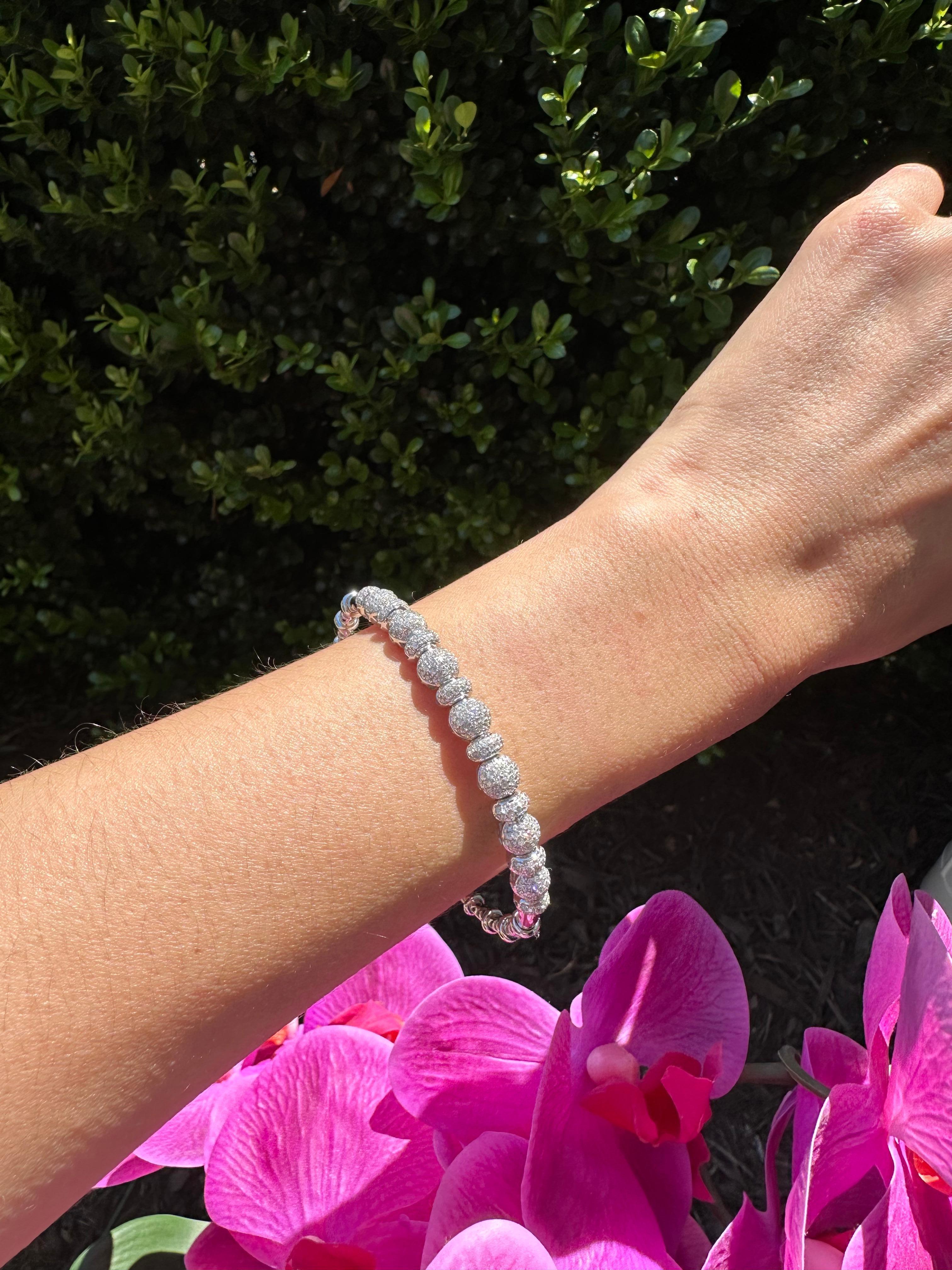 Brilliant Round Diamonds Pave Set Golden Bead White Gold Bangle Cuff Bracelet