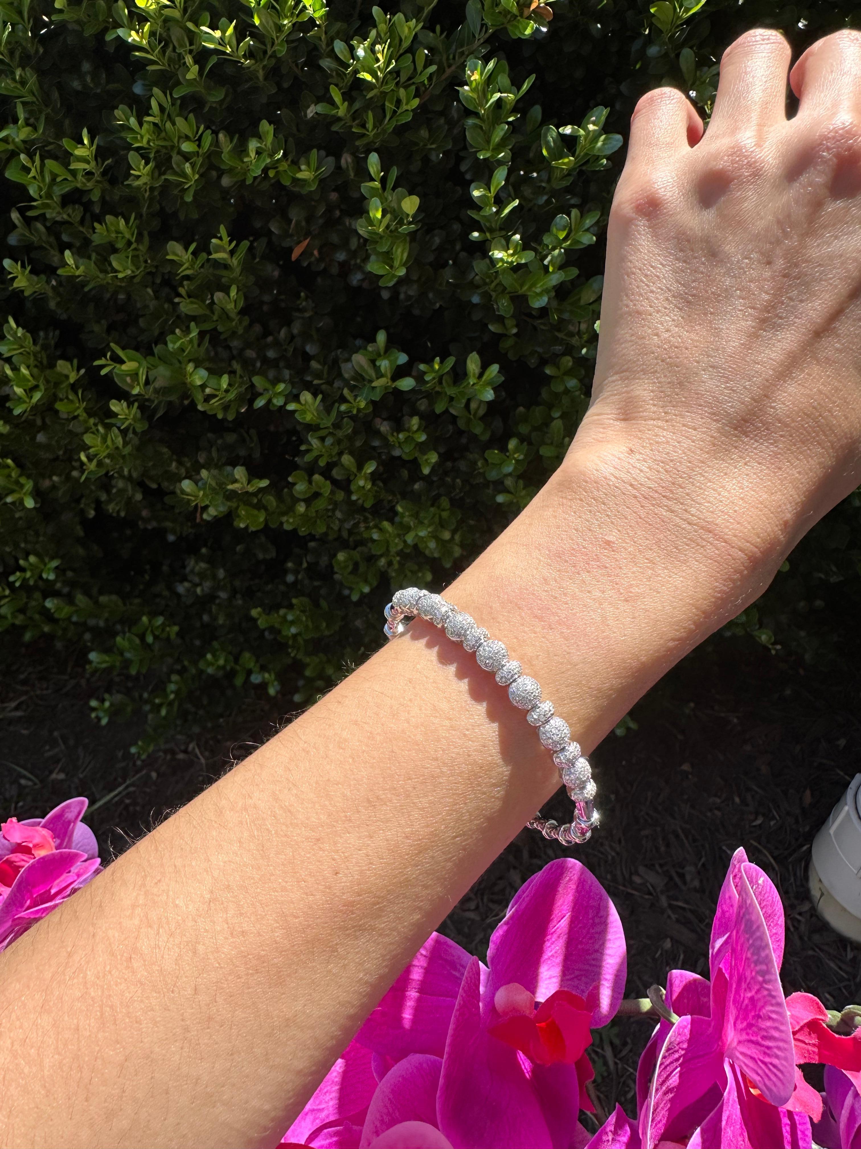 Brilliant Round Diamonds Pave Set Golden Bead White Gold Bangle Cuff Bracelet