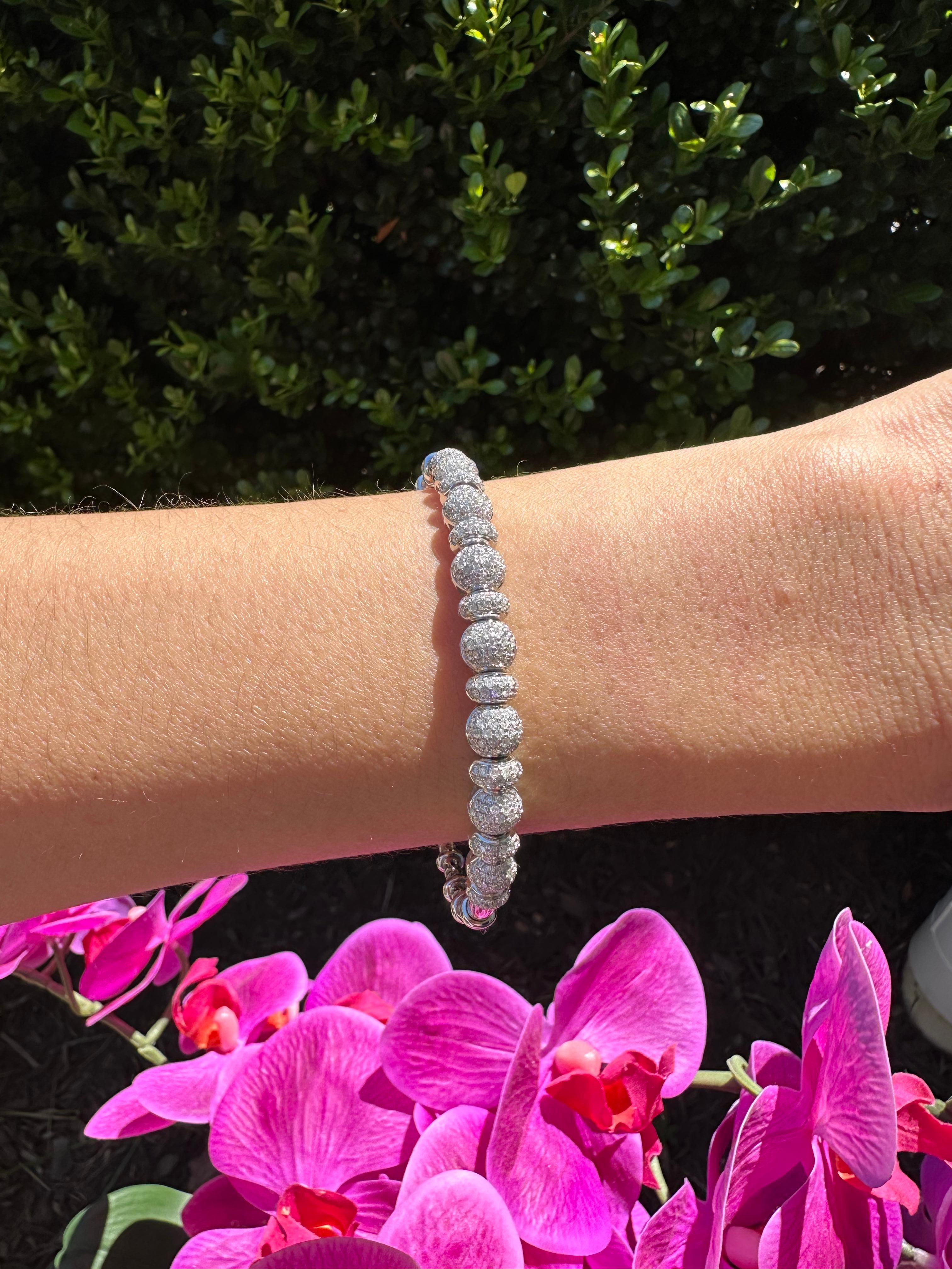 Brilliant Round Diamonds Pave Set Golden Bead White Gold Bangle Cuff Bracelet