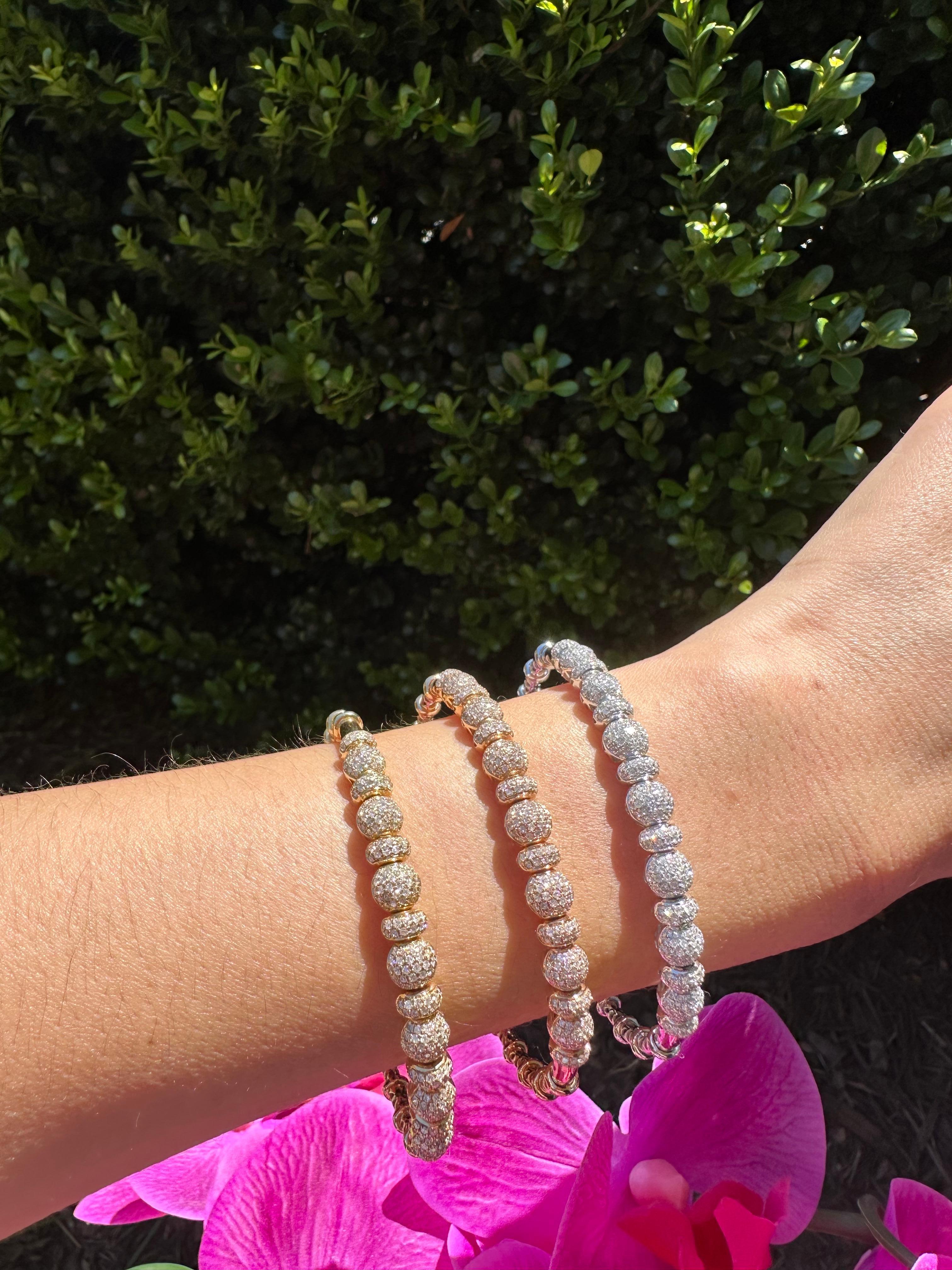 Brilliant Round Diamonds Pave Set Golden Bead White Gold Bangle Cuff Bracelet