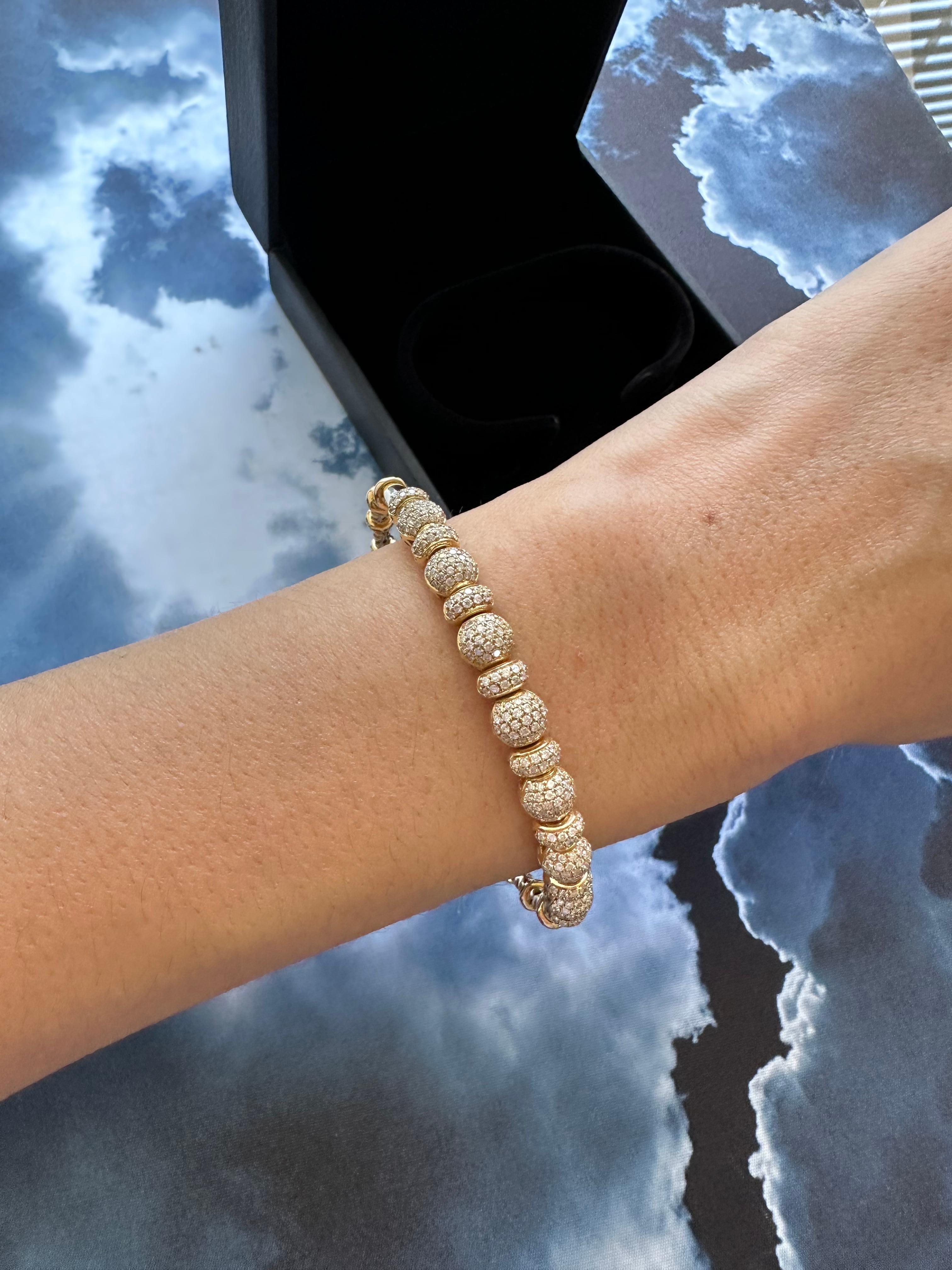 Brilliant Round Diamonds Pave Set Spheres 18K Yellow Gold Bangle Cuff Bracelet