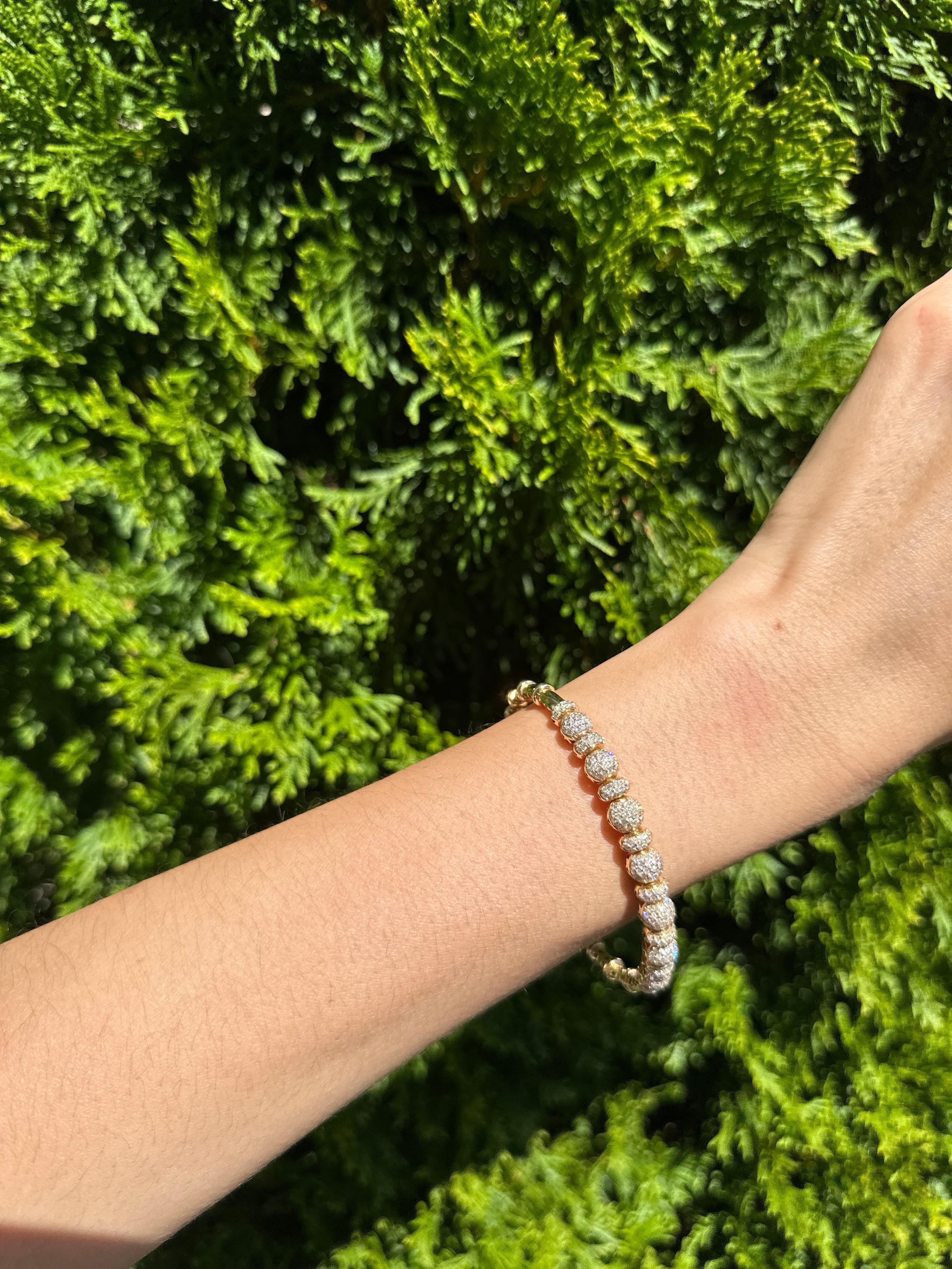 Brilliant Round Diamonds Pave Set Spheres 18K Yellow Gold Bangle Cuff Bracelet