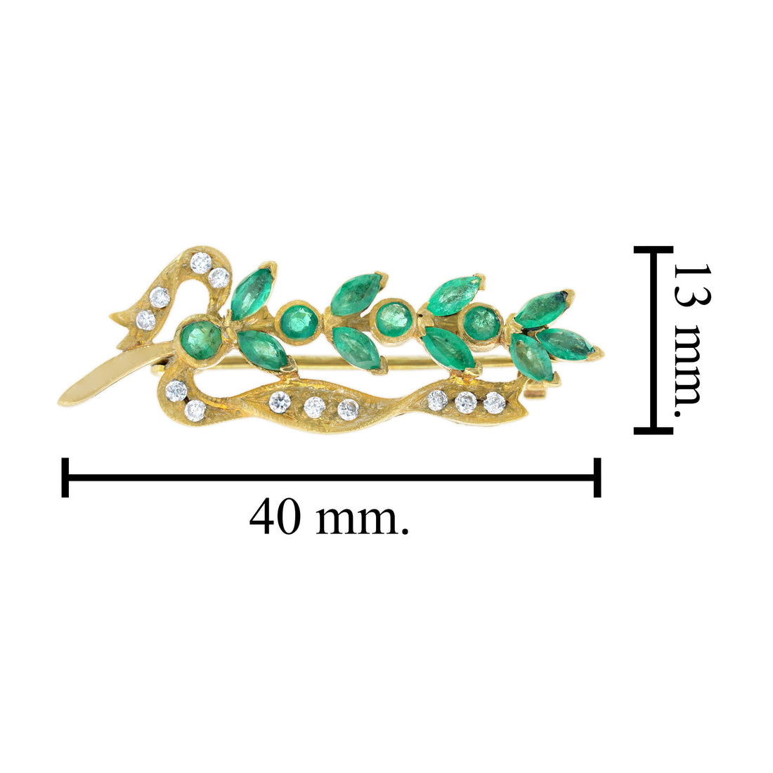 Emerald & Diamond Vintage Inspired Style Leaves Yellow Gold Pin Brooch