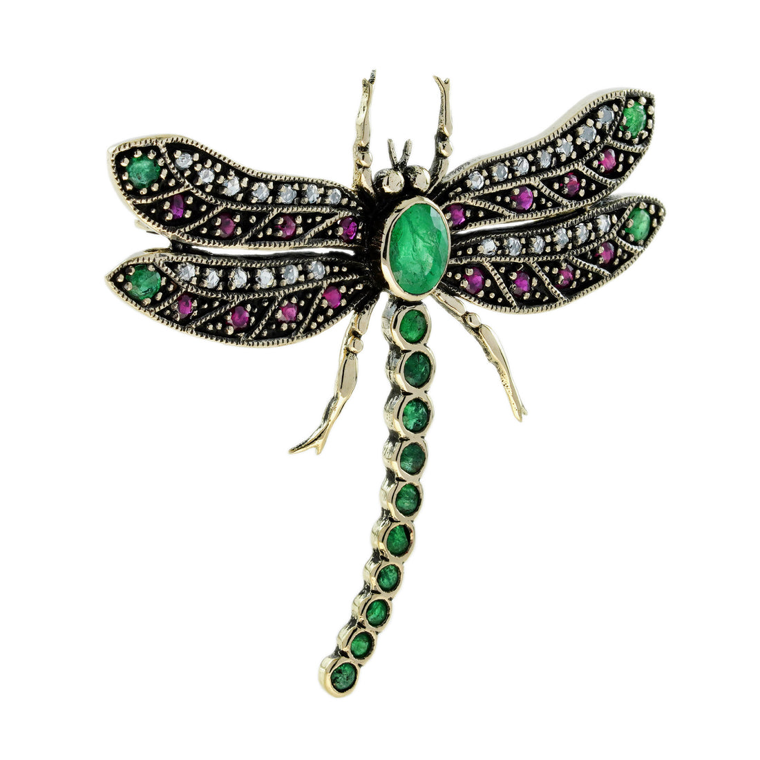 Emerald Ruby Diamond Vintage Style Dragonfly 14K Yellow Gold Brooch