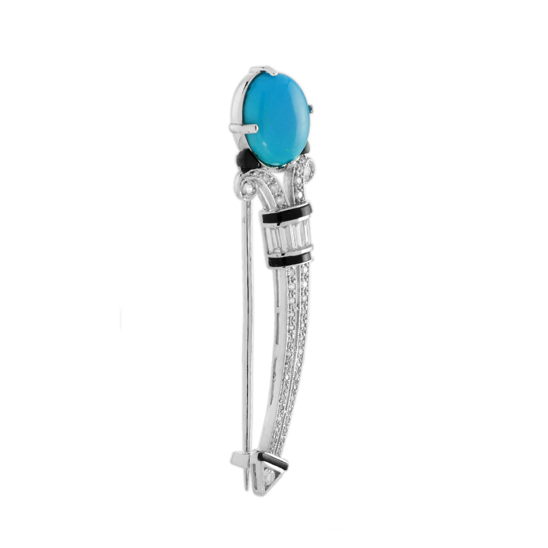 Teal Blue Turquoise Diamond Onyx Art Deco Style 14K White Gold Pin Brooch