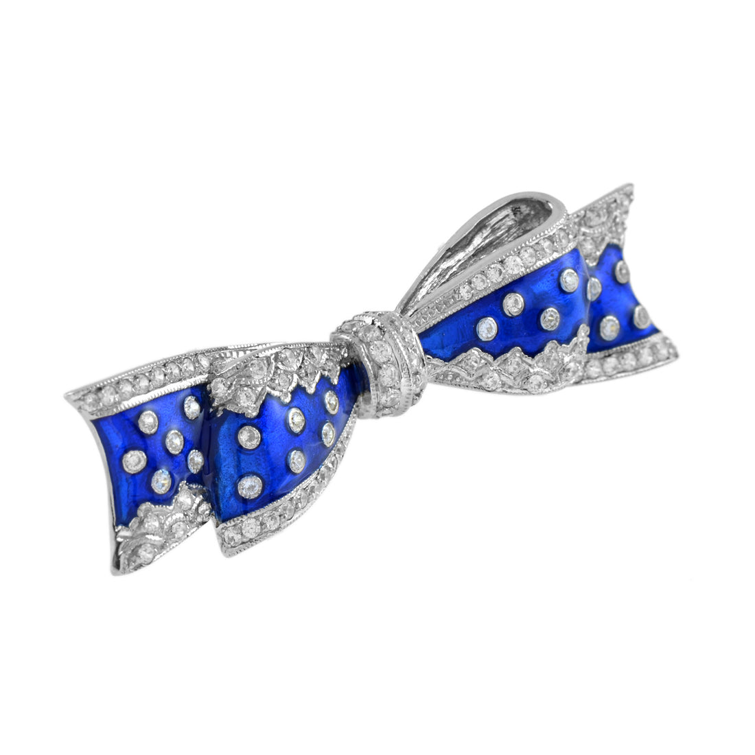 Vintage Style Diamond & Blue Enamel Ribbon Bow 14K White Gold Pin Brooch