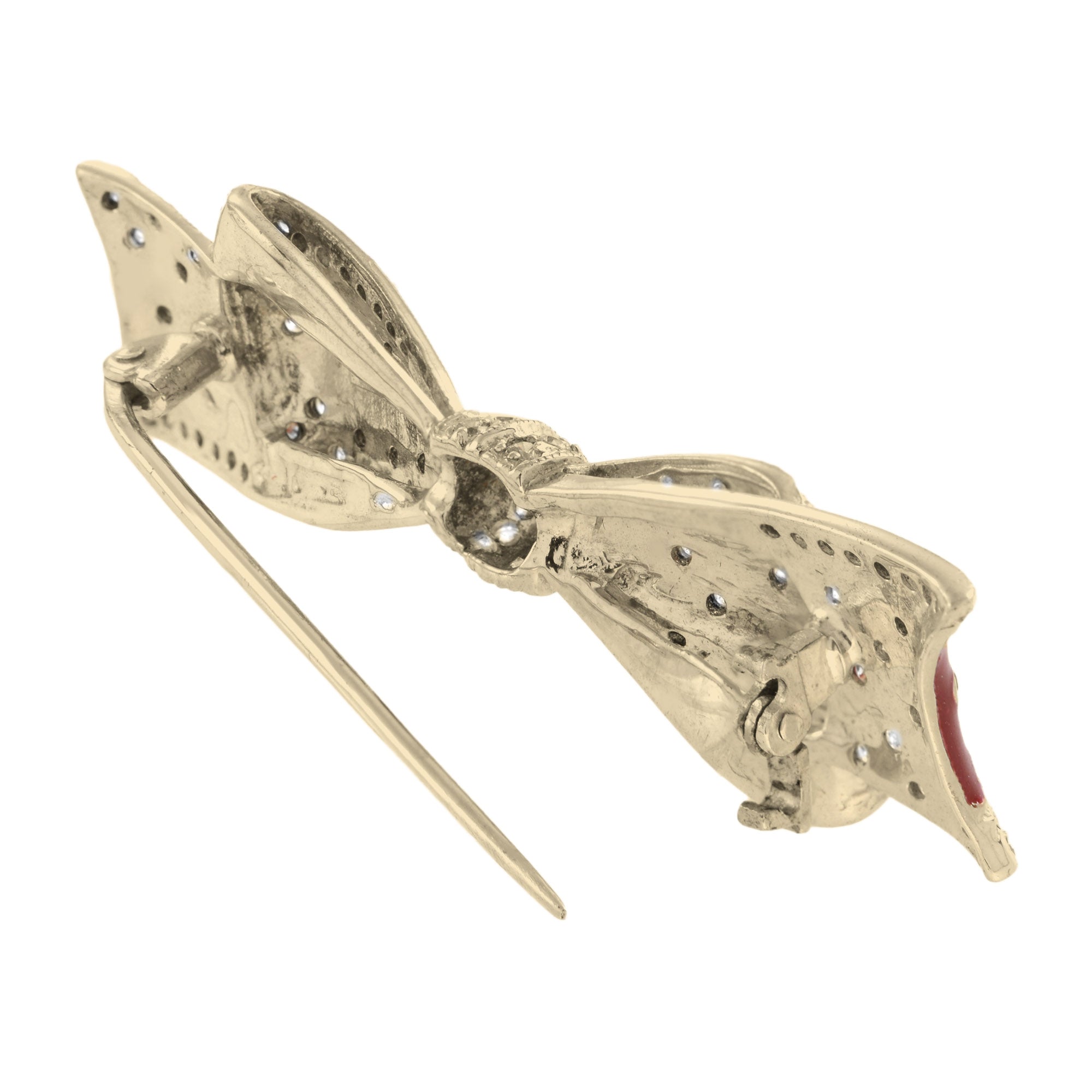 Vintage Style Diamond & Red Enamel Ribbon Bow 14K Yellow Gold Pin Brooch