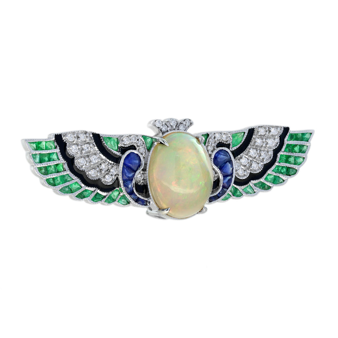 Oval Opal & Multi Gemstone Antique Style Angel Wings 18K White Gold Pin Brooch