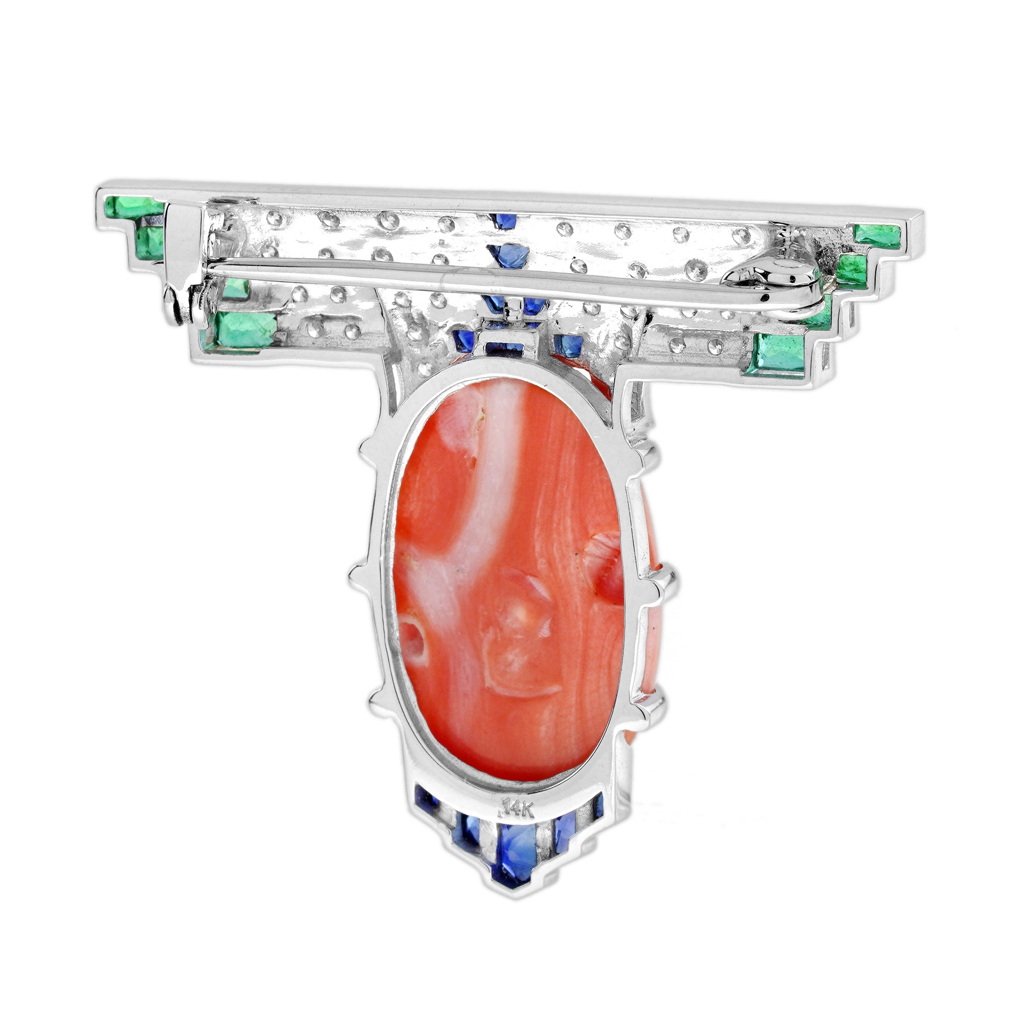13.91 Ct. Coral Sapphire Emerald Diamond Art Deco Style White Gold Brooch