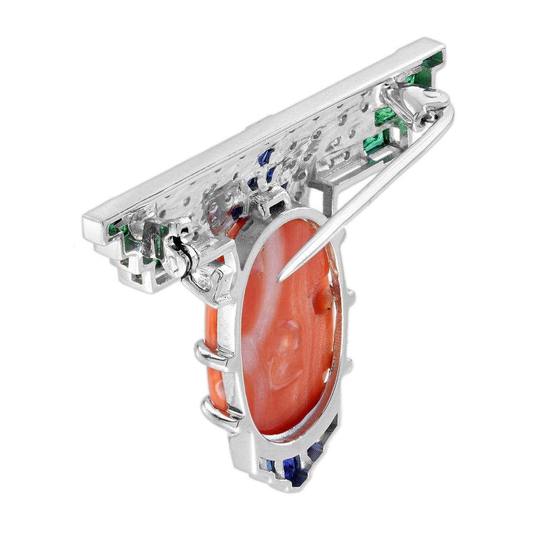 13.91 Ct. Coral Sapphire Emerald Diamond Art Deco Style White Gold Brooch