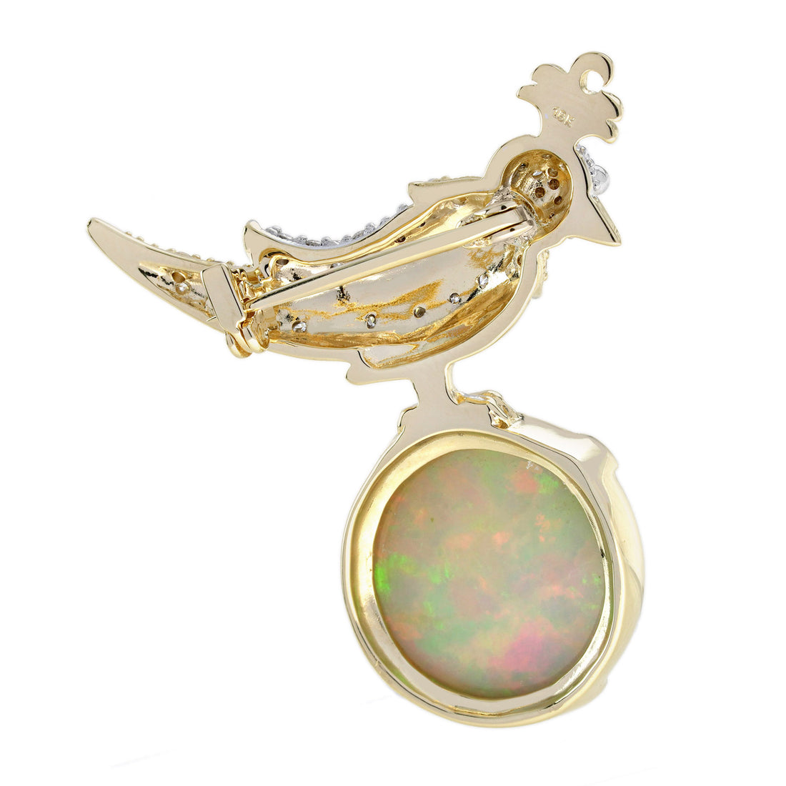 White Ethiopian Opal Diamond Vintage Style Wonderful Bird Parrot Gold Pin Brooch