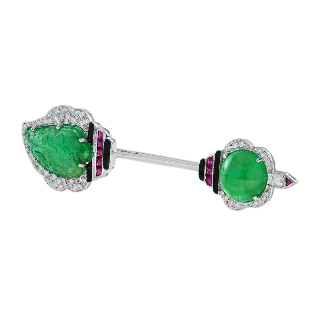 Carved Emerald & Ruby Diamond Vintage Inspired Art Deco Style Gold Pin Brooch