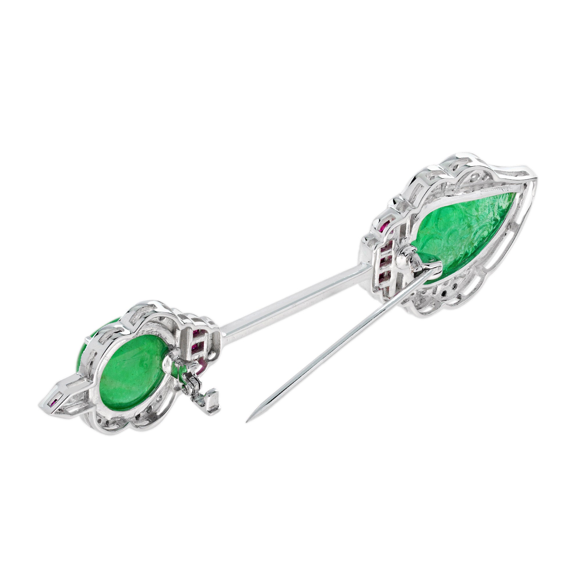 Carved Emerald & Ruby Diamond Vintage Inspired Art Deco Style Gold Pin Brooch