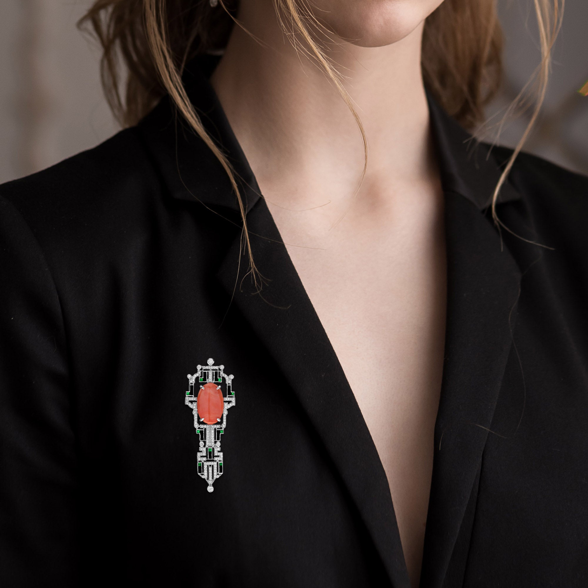 Oval Shape Red Coral & Diamond Onyx Art Deco Style 14K White Gold Pin Brooch