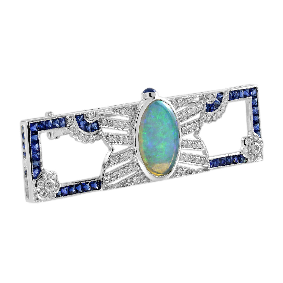 Opal & Blue Sapphire Diamond Art Deco Style Openwork Pin White Gold Brooch