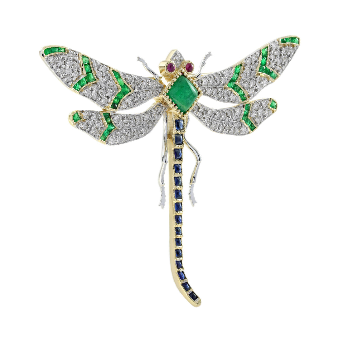 Multi  Green Emerald Blue Sapphire Diamond Vintage Style Gold Dragonfly Brooch