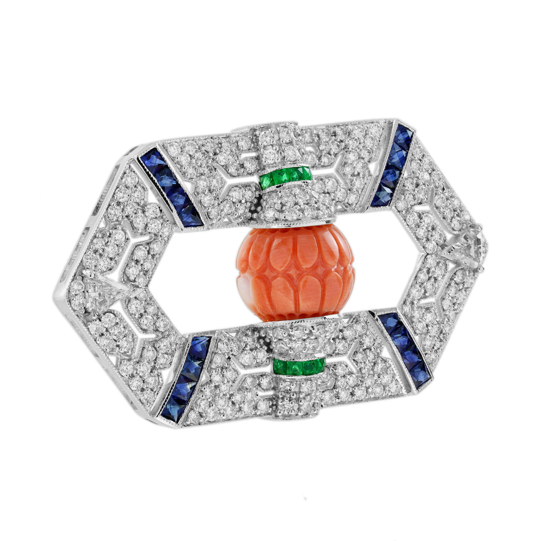 Carved Orange Coral Emerald Sapphire & Diamond Antique Style Pin Brooch