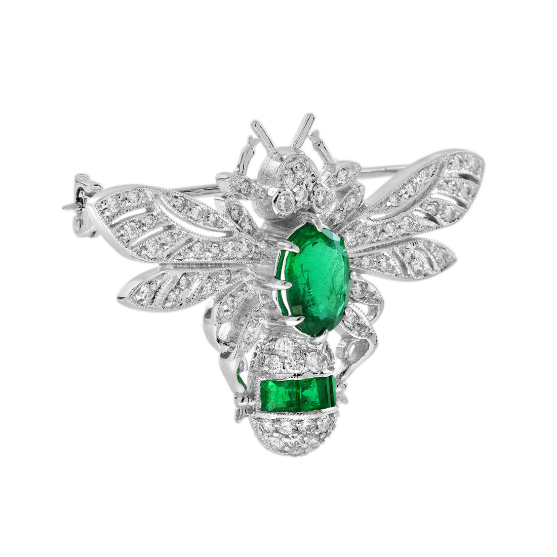 Oval Cut Green Emerald & Diamond Vintage Inspired Antique Style Bee Pin Brooch