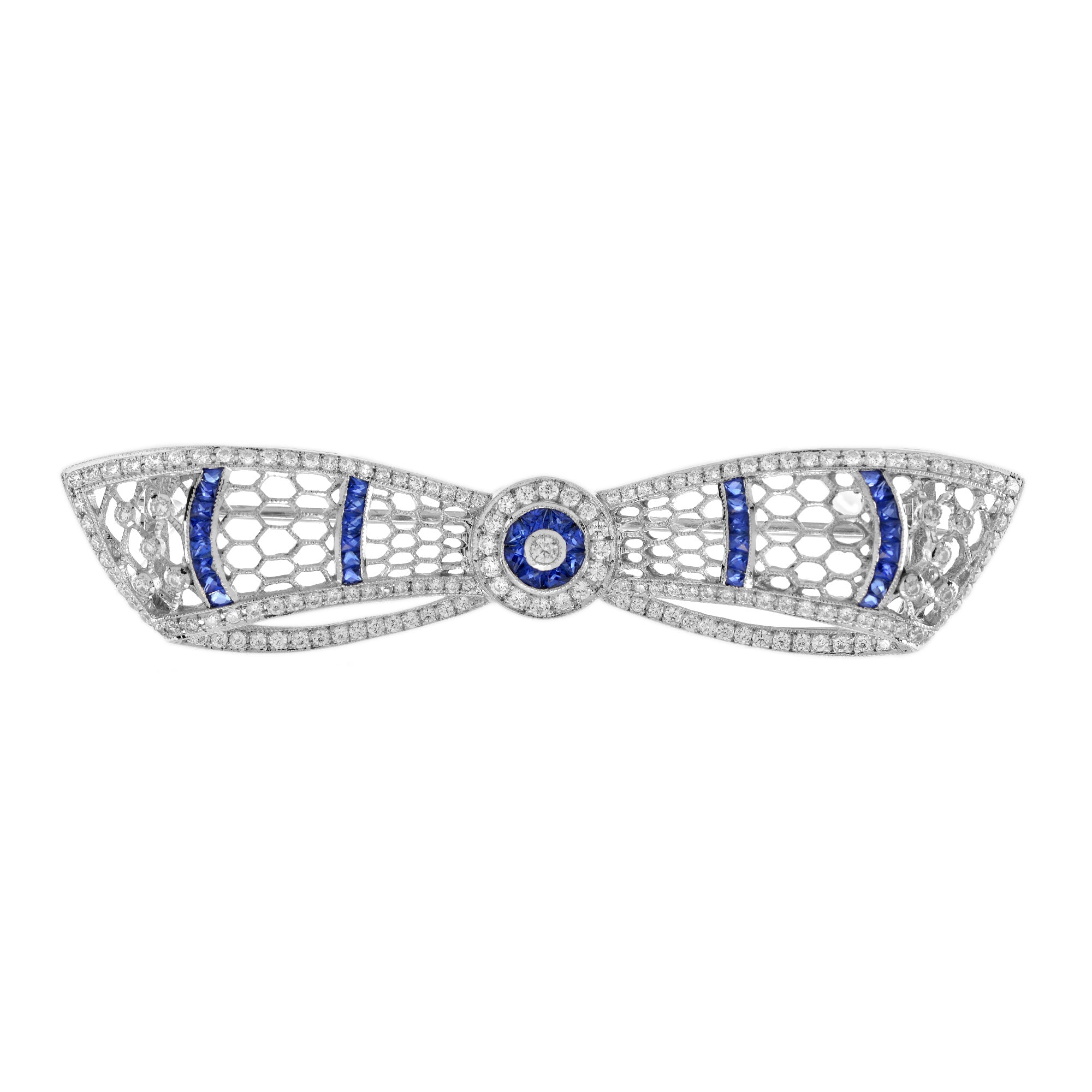 Diamond & Blue Sapphire Art Deco Style Bow Crown 14K White Gold Pin Brooch