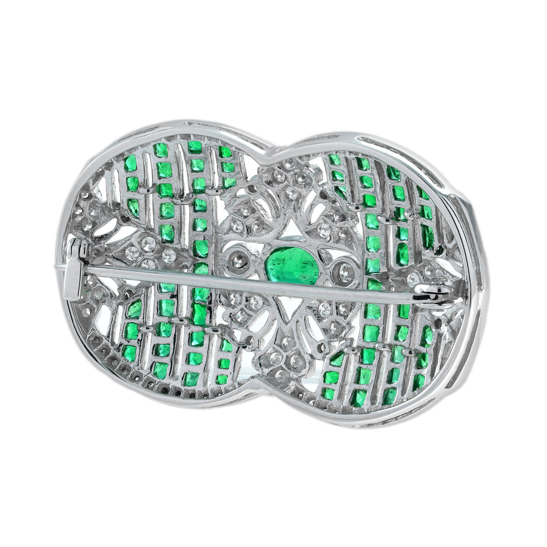 Green Emeralds & Diamonds Art Deco Inspired Style 18K White Gold Pin Brooch