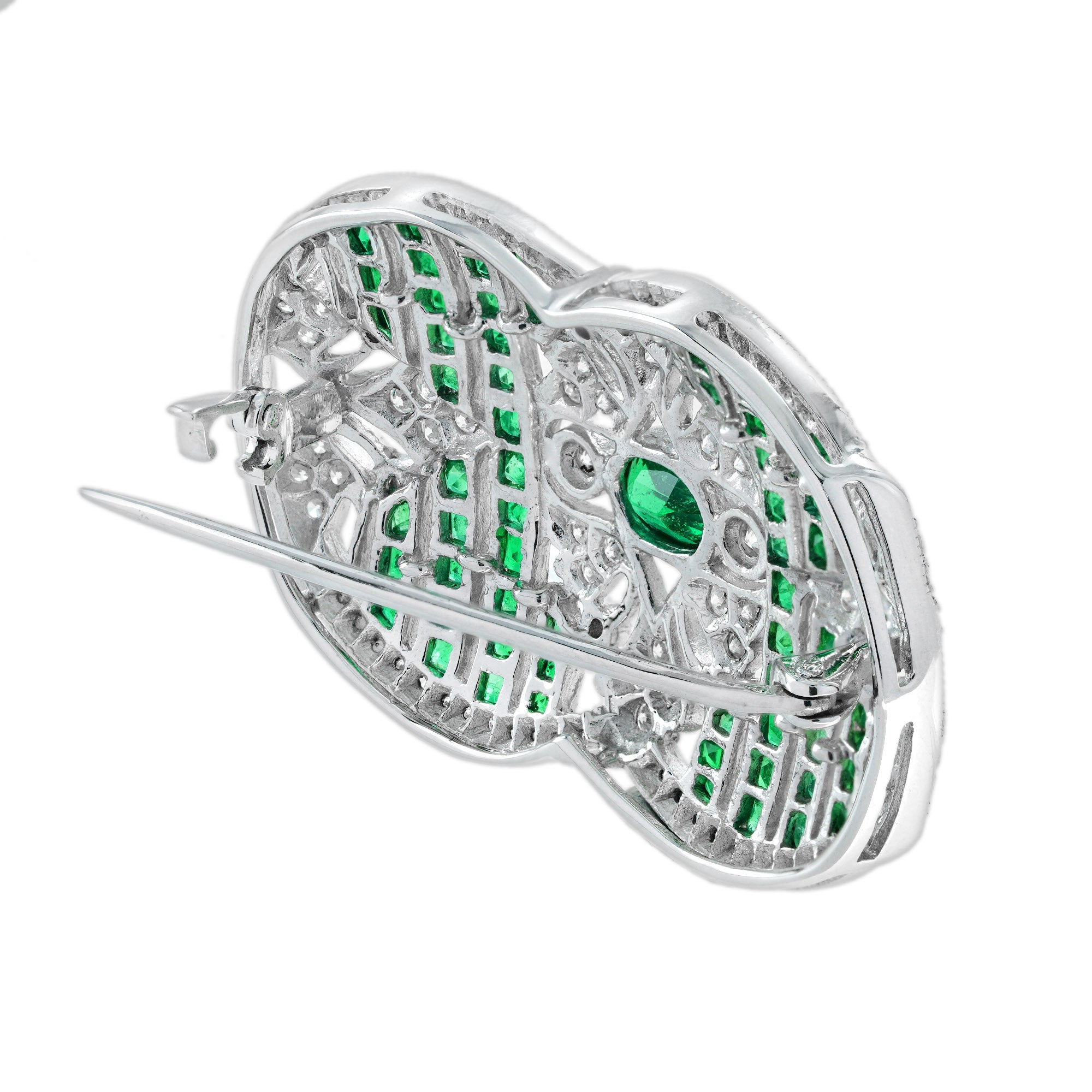 Green Emeralds & Diamonds Art Deco Inspired Style 18K White Gold Pin Brooch