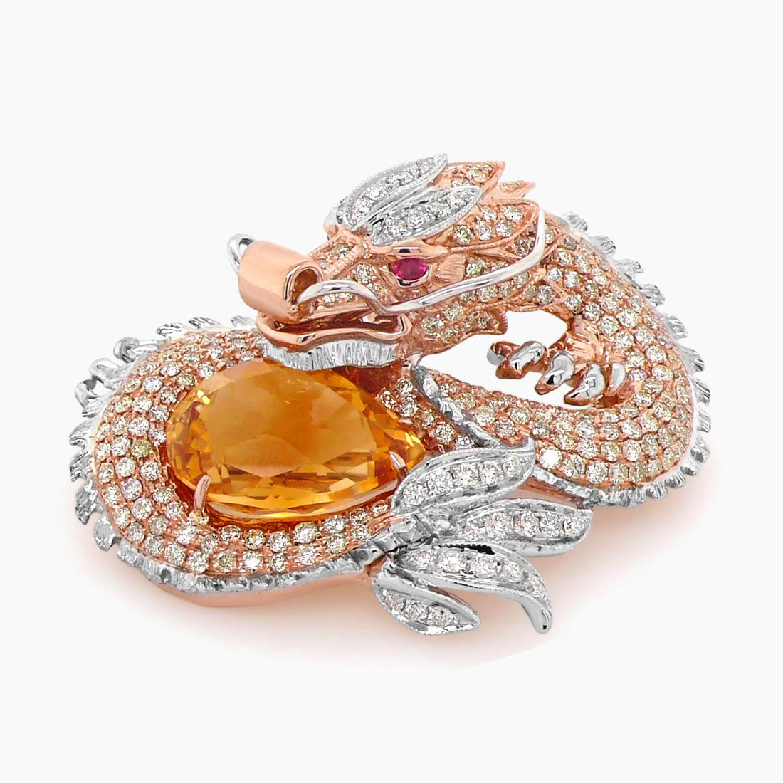 Orange Citrine & Diamond Pave & Ruby 18K Rose & White Gold Animal Pin Brooch