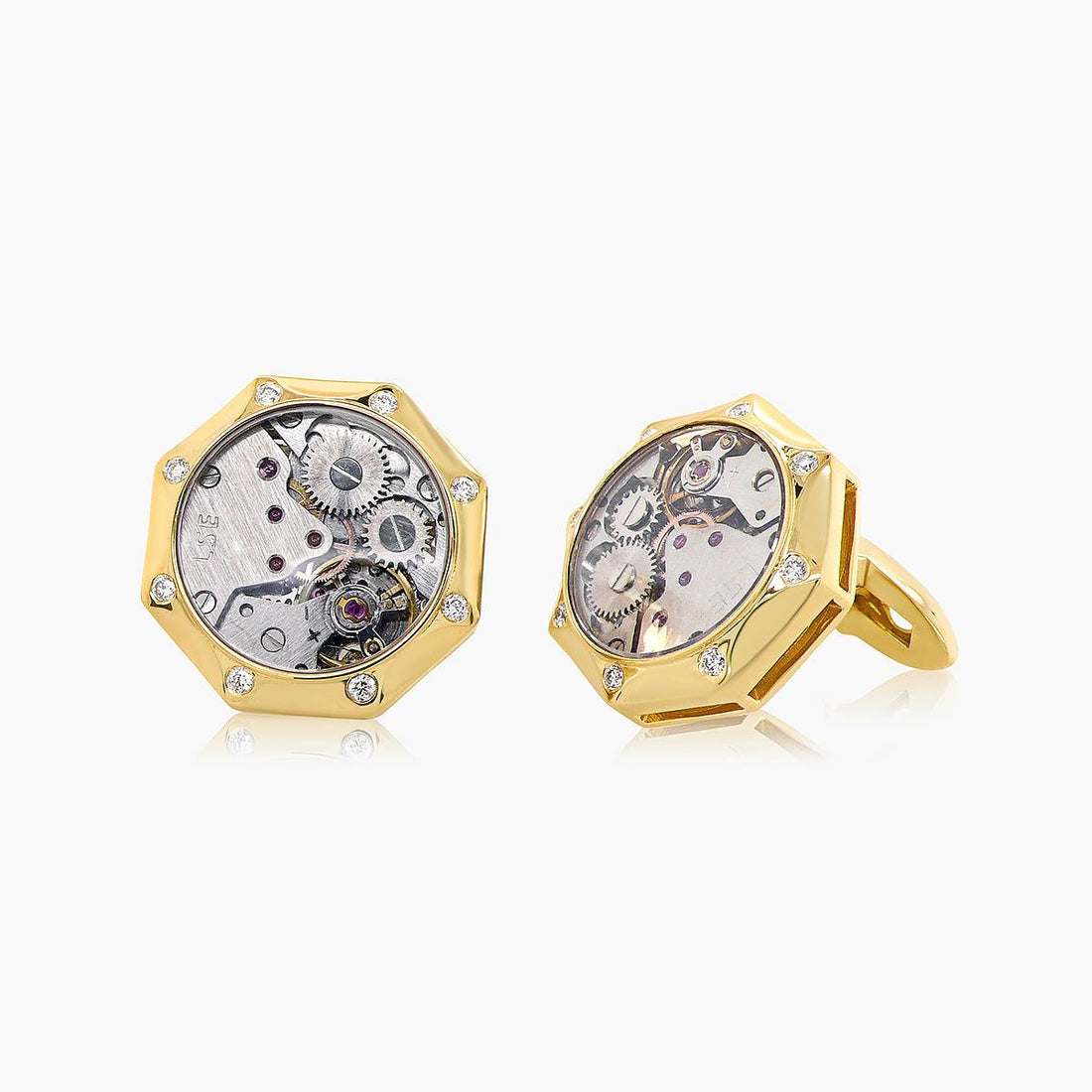 Inner Watch Dial Mechanism White Diamond 18K Yellow Gold Button Cufflinks