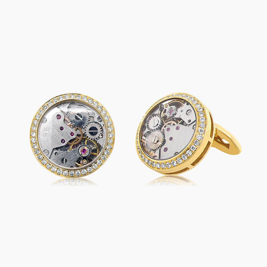 Watch Inner Dial Mechanism White Diamond Halo 18K Yellow Gold Cufflinks