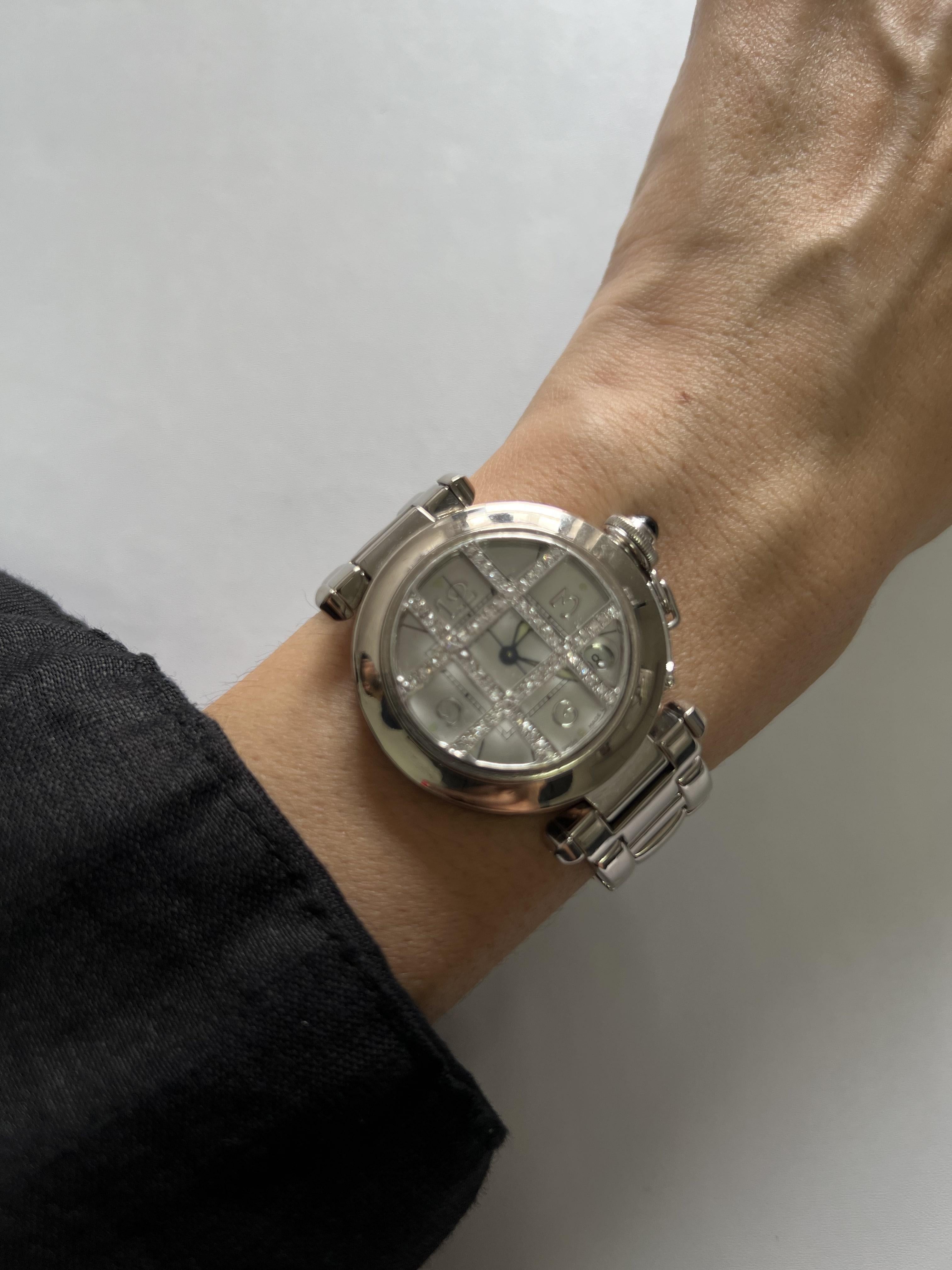 Cartier Pasha de Cartier White Dial Diamonds Halo Grid 18 Karat White Gold Watch