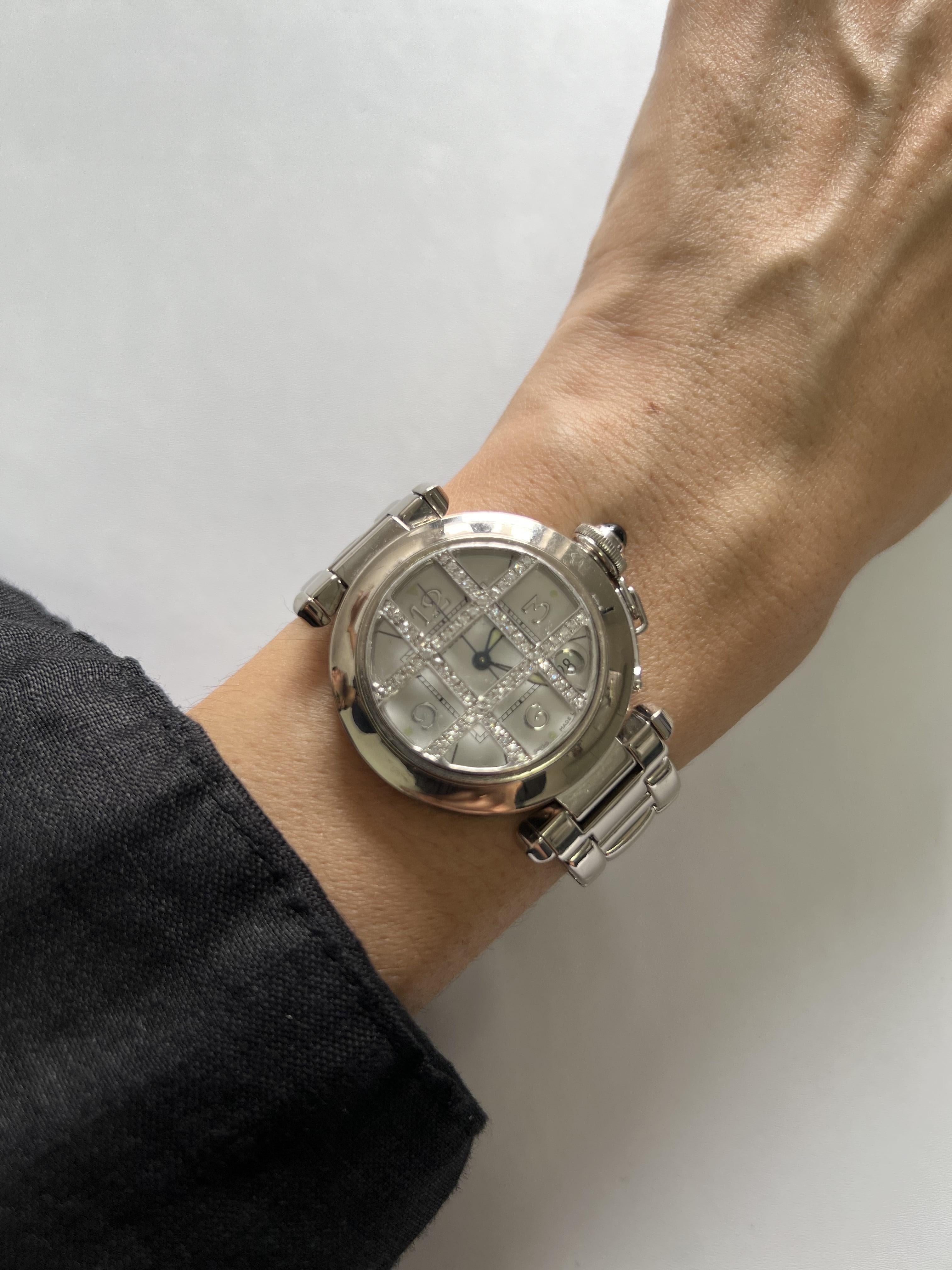 Cartier Pasha de Cartier White Dial Diamonds Halo Grid 18 Karat White Gold Watch