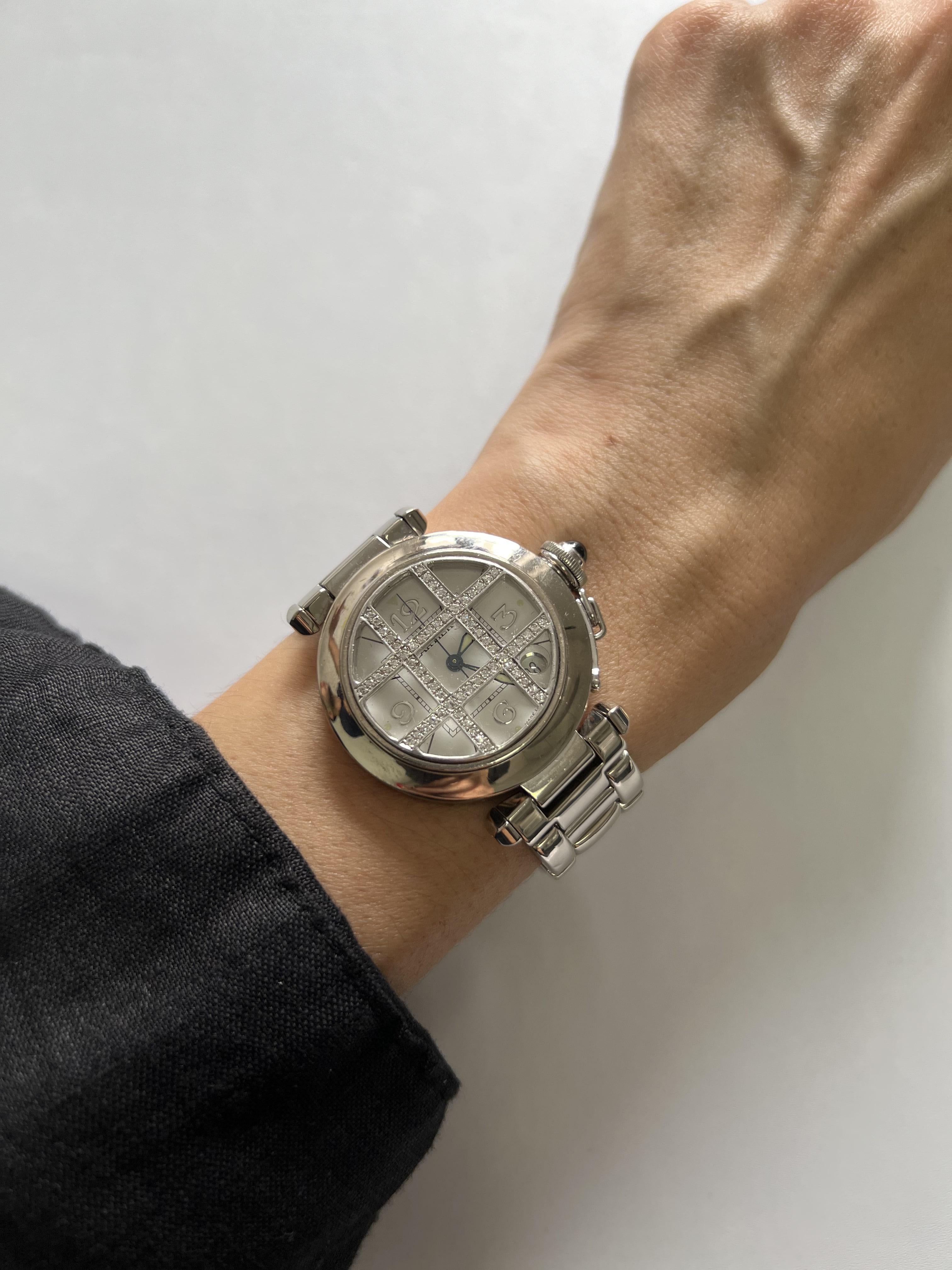 Cartier Pasha de Cartier White Dial Diamonds Halo Grid 18 Karat White Gold Watch
