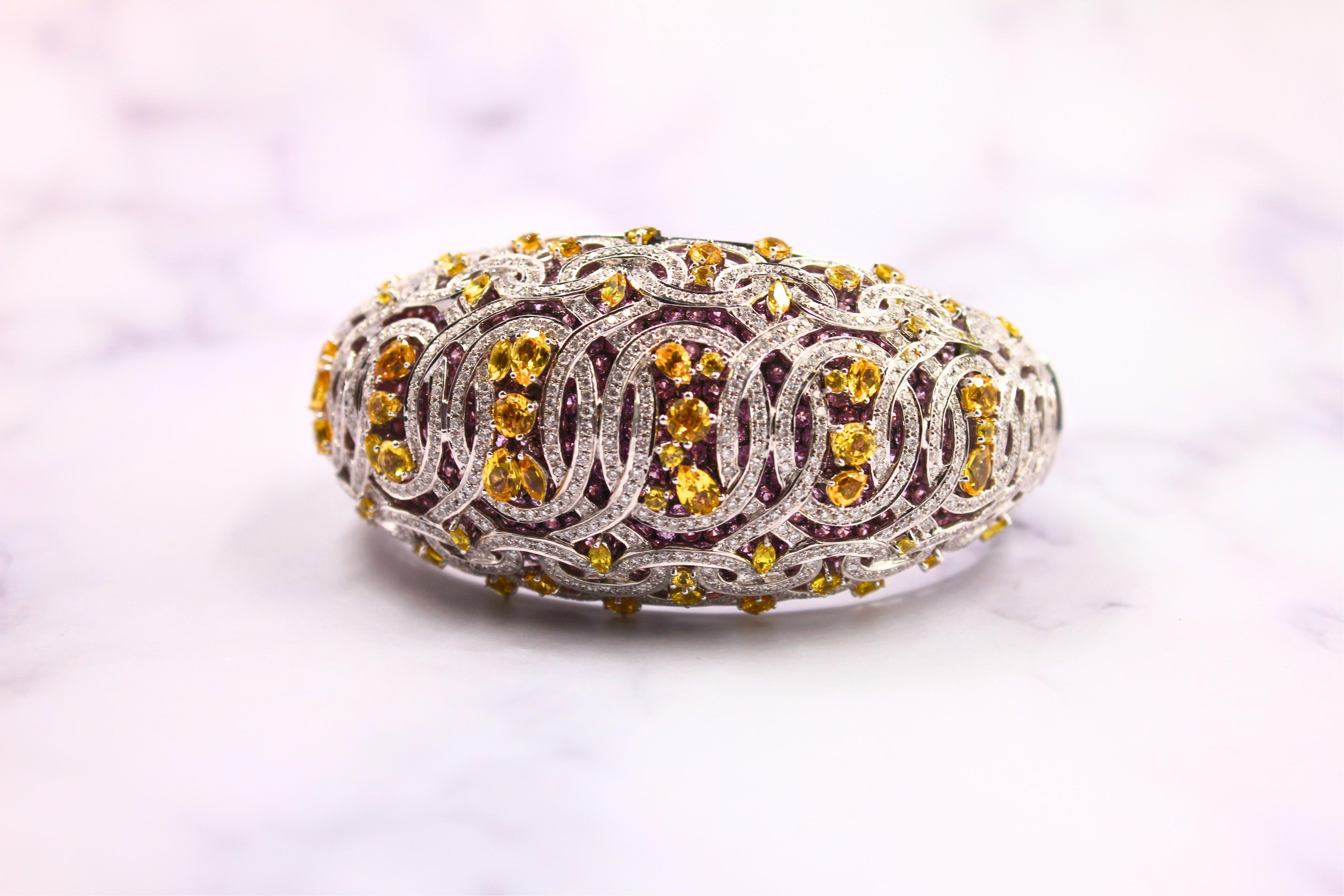 Chunky Unique Yellow & Pink Sapphire Pave Diamond 18k White Rose Bangle Bracelet