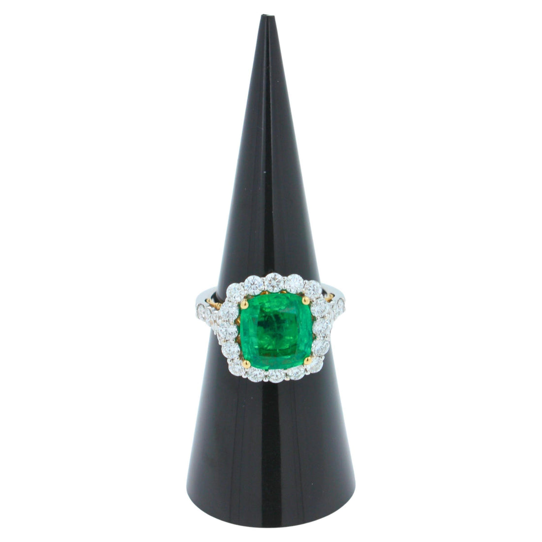 Classic Cushion Cut Green Emerald 14k White Yellow Gold Ring with Diamond Halo