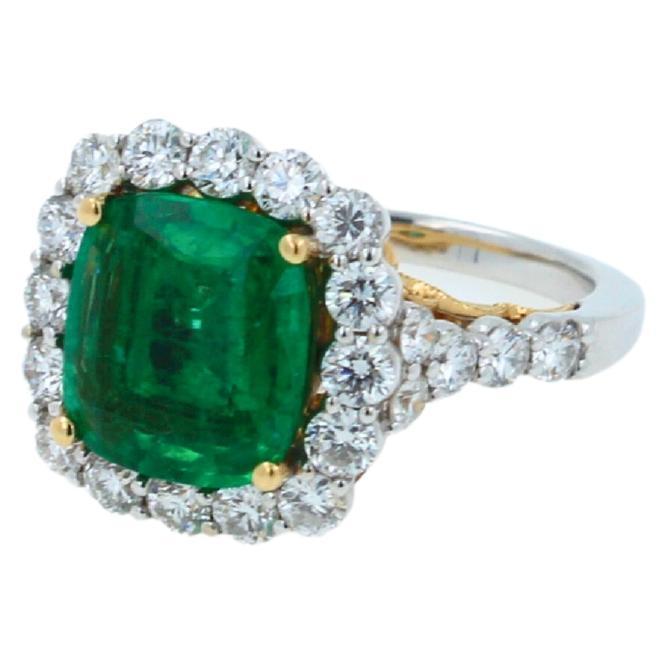 Classic Cushion Cut Green Emerald 14k White Yellow Gold Ring with Diamond Halo