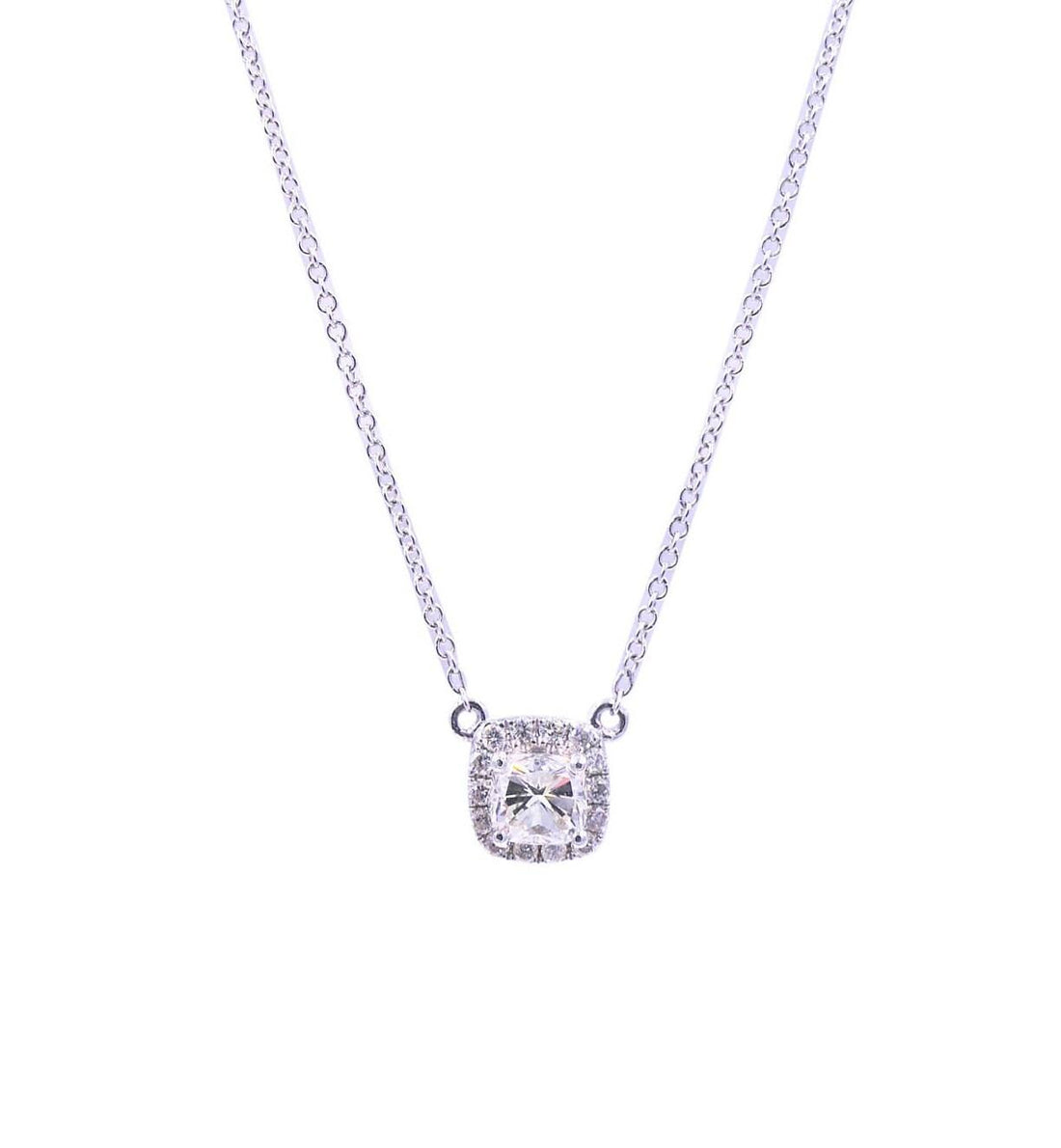 Classic Halo Pave Set Cushion Shape Cut Diamond Dainty Chain 18 Karat White Gold
