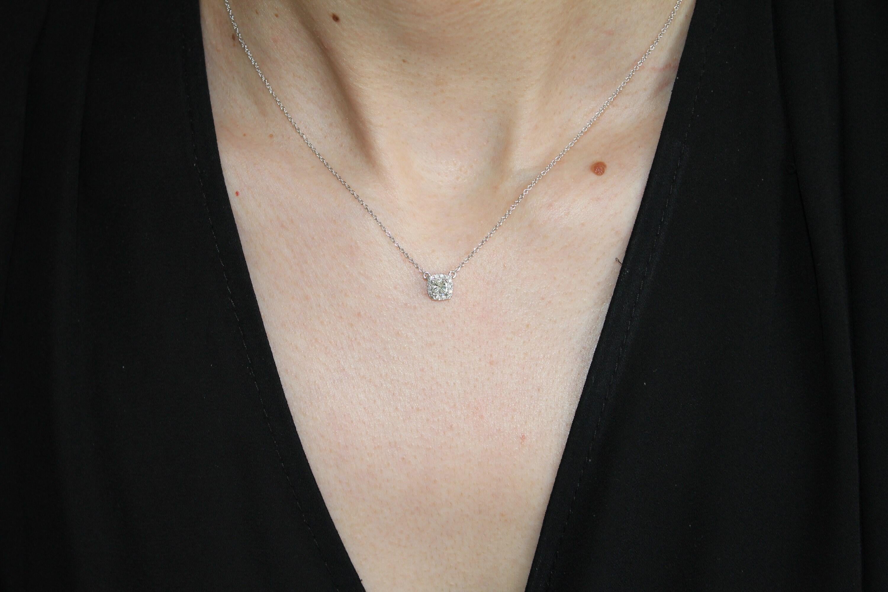 Classic Halo Pave Set Cushion Shape Cut Diamond Dainty Chain 18 Karat White Gold