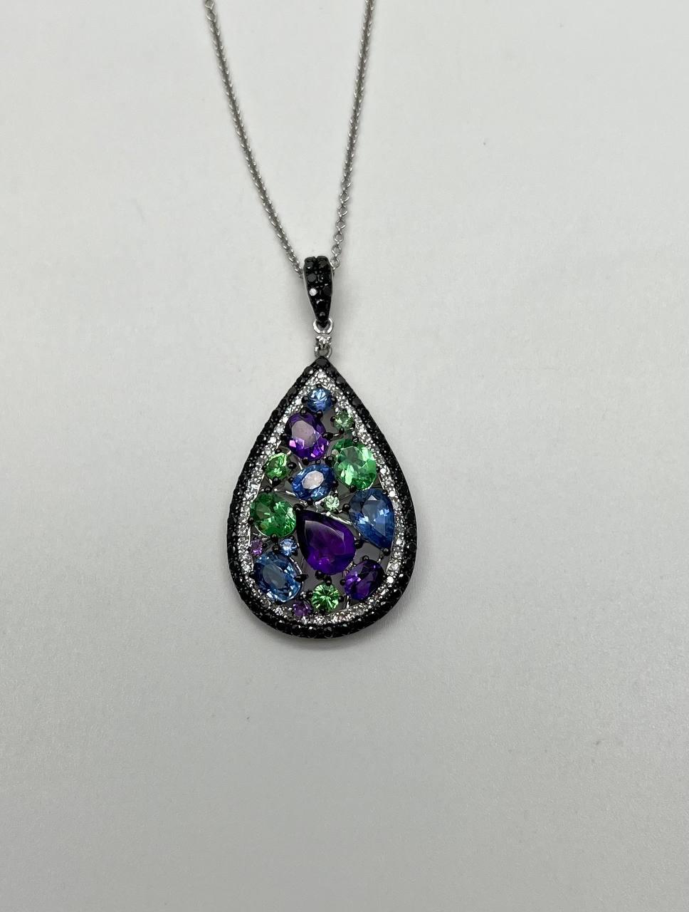 Purple Amethyst Blue Sapphire Green Tsavorite Diamonds Gold Pendant Necklace