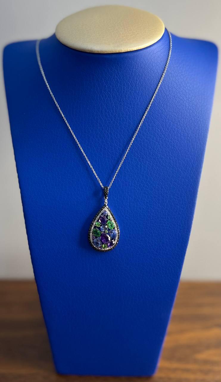 Purple Amethyst Blue Sapphire Green Tsavorite Diamonds Gold Pendant Necklace