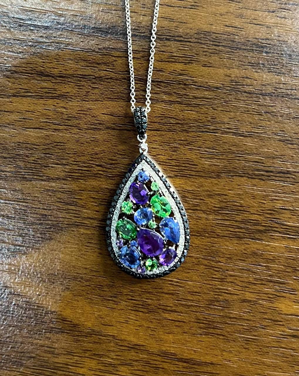 Purple Amethyst Blue Sapphire Green Tsavorite Diamonds Gold Pendant Necklace