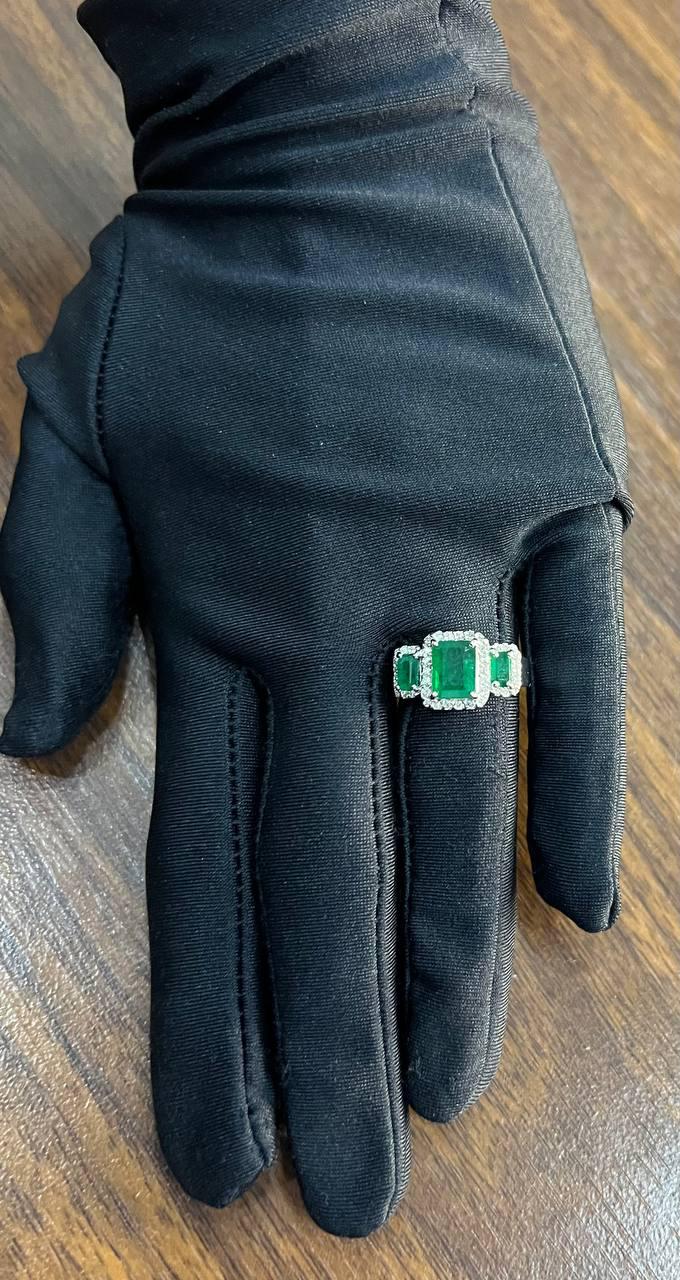 Three Stone Green Emerald & Diamond Halo 14K White Gold Classic Statement Ring