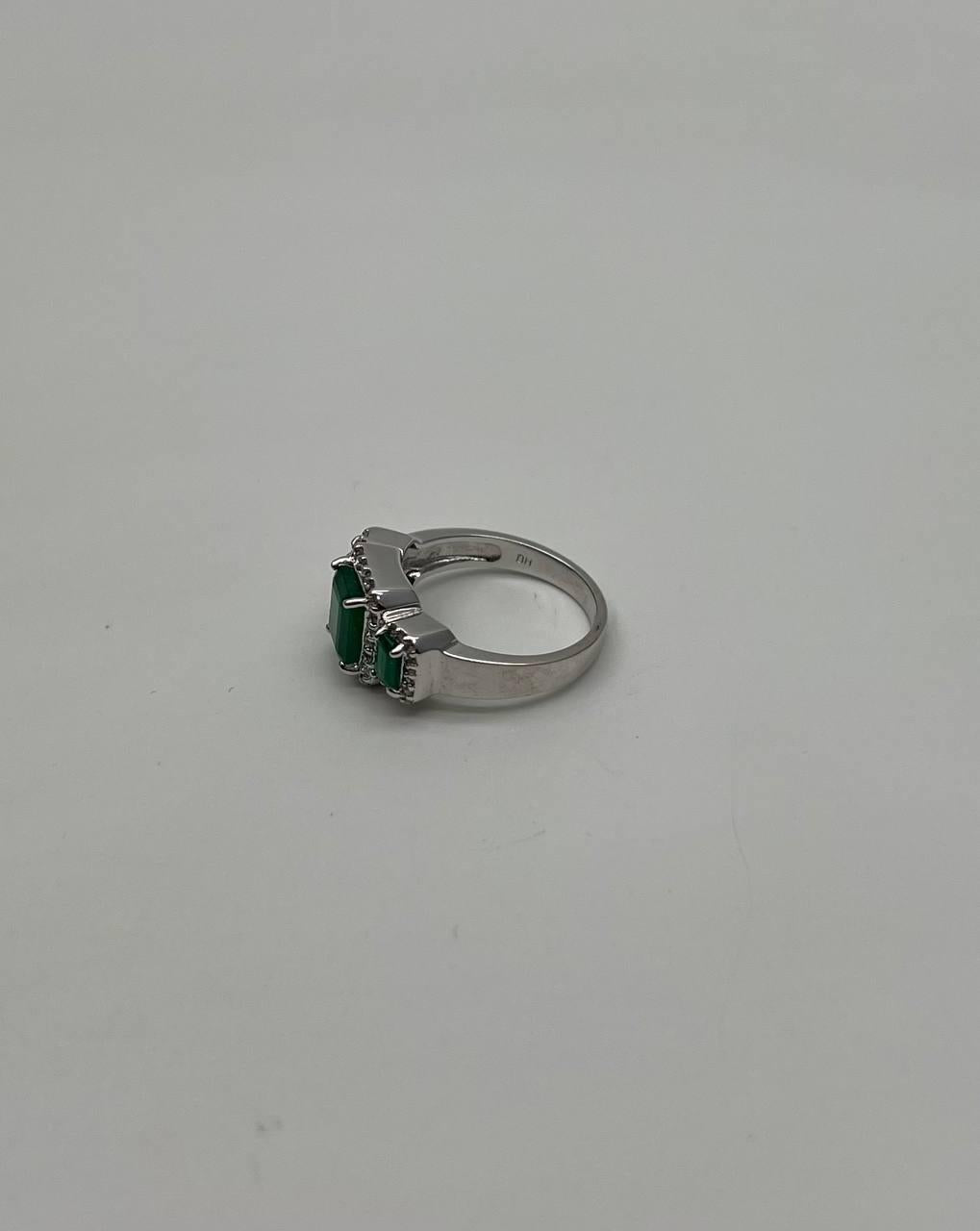 Three Stone Green Emerald & Diamond Halo 14K White Gold Classic Statement Ring