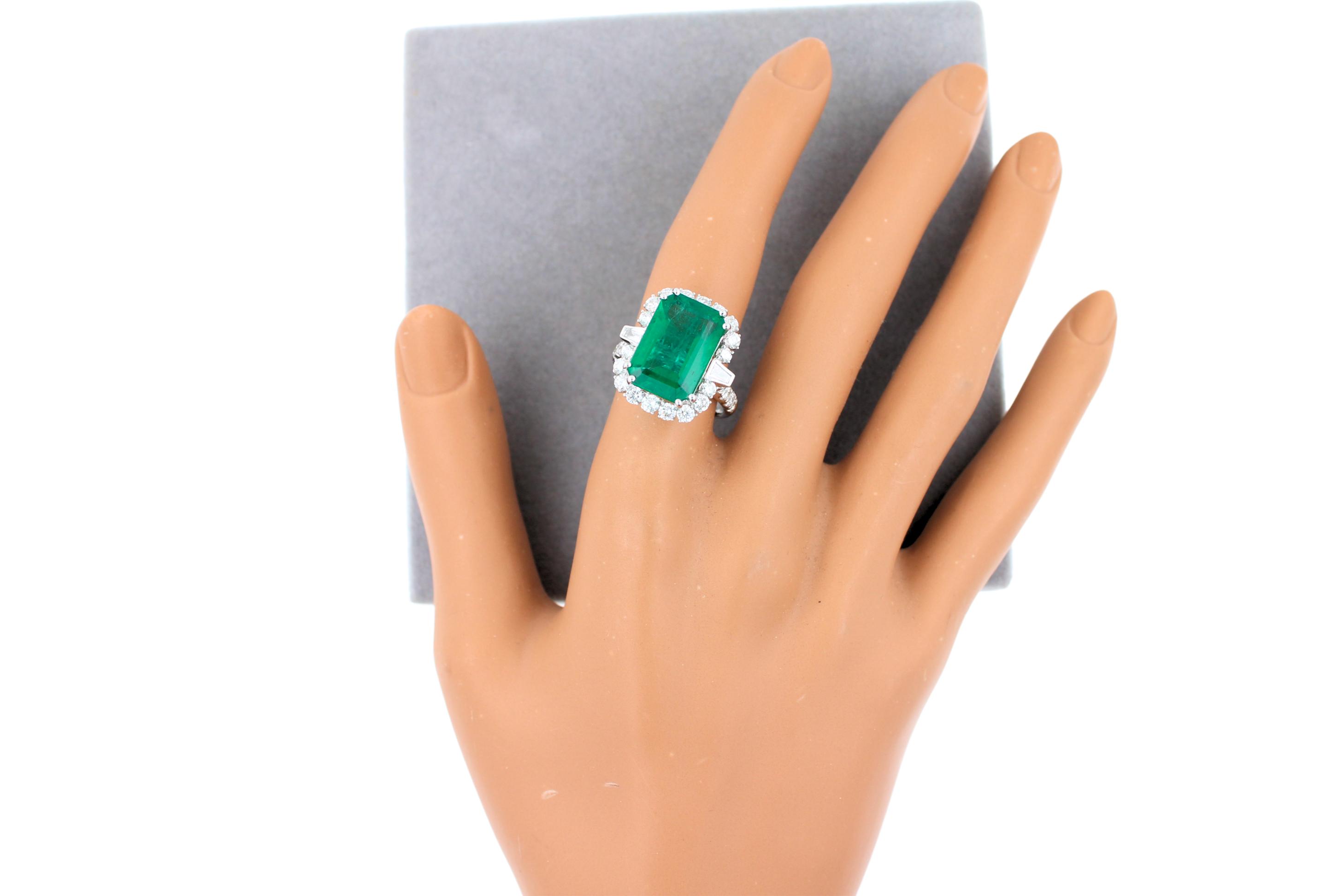Green Emerald Octagon Cut Rectangle Diamond Halo Baguette 18K White Gold Ring